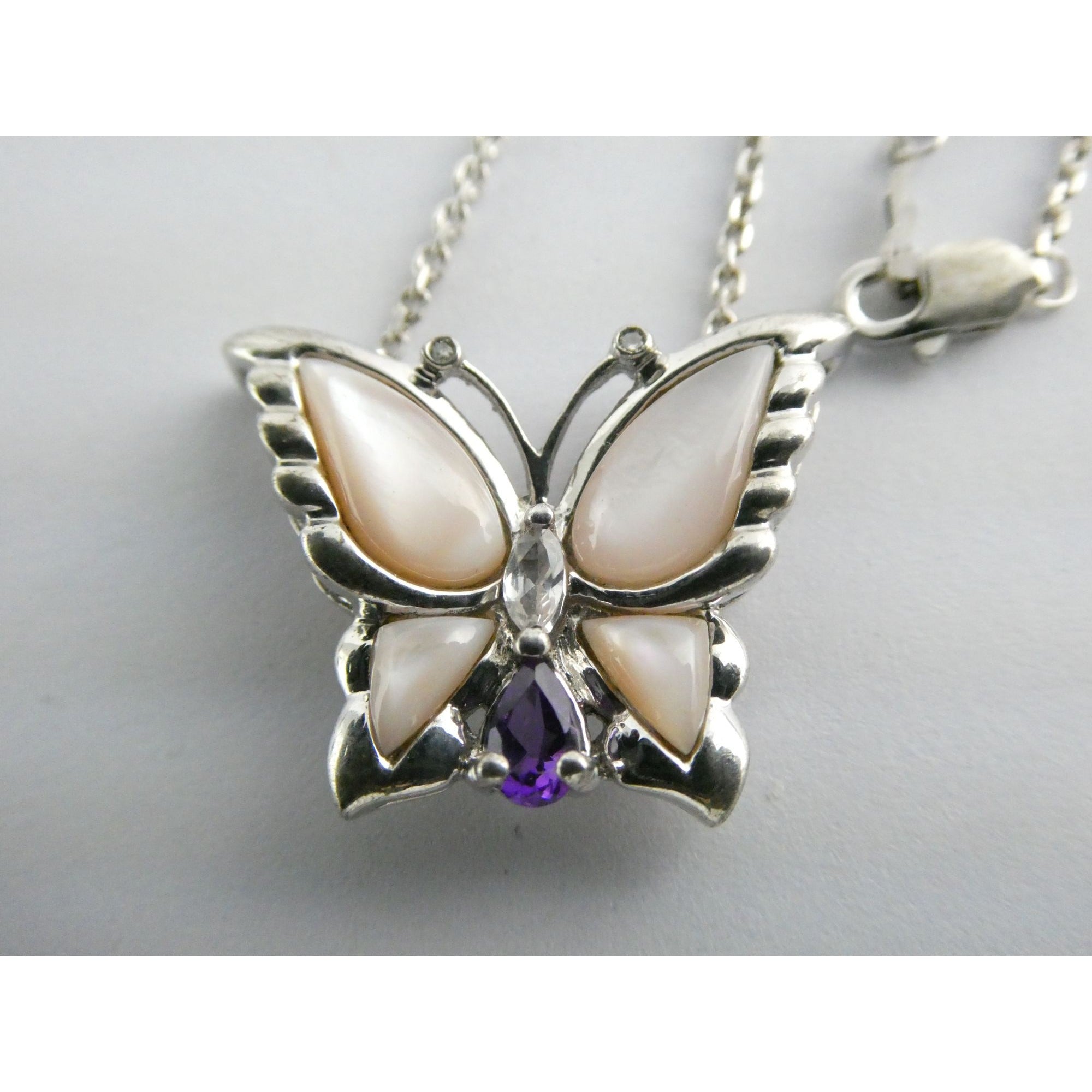 Sterling Silver Amethyst Topaz MOP Shell Butterfly Pendant Necklace 5g 17.5 Inch