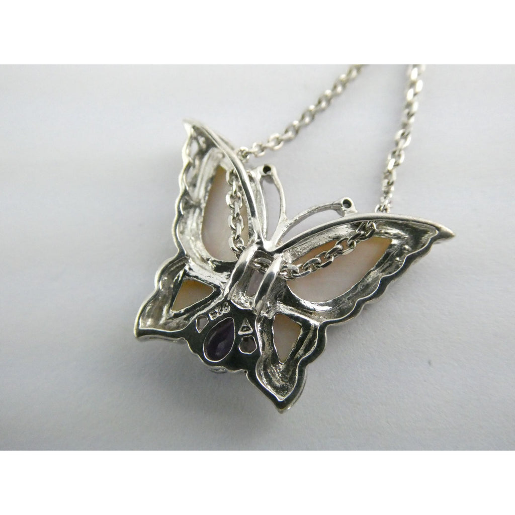 Sterling Silver Amethyst Topaz MOP Shell Butterfly Pendant Necklace 5g 17.5 Inch