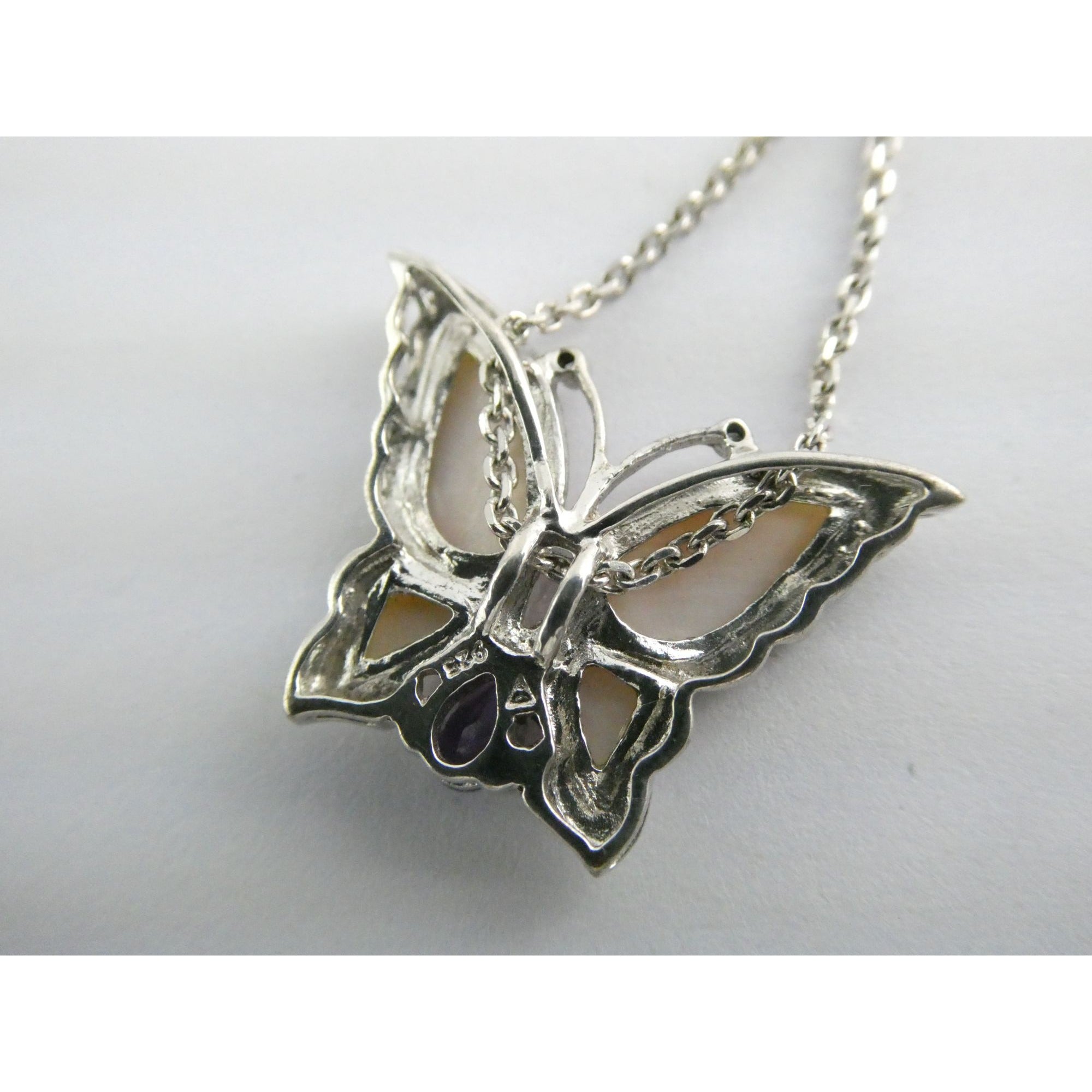 Sterling Silver Amethyst Topaz MOP Shell Butterfly Pendant Necklace 5g 17.5 Inch