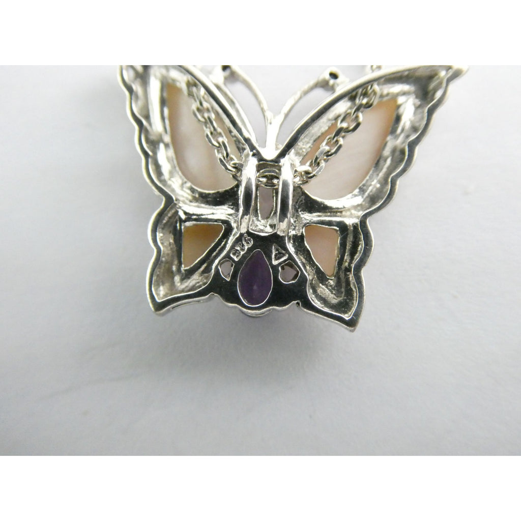 Sterling Silver Amethyst Topaz MOP Shell Butterfly Pendant Necklace 5g 17.5 Inch