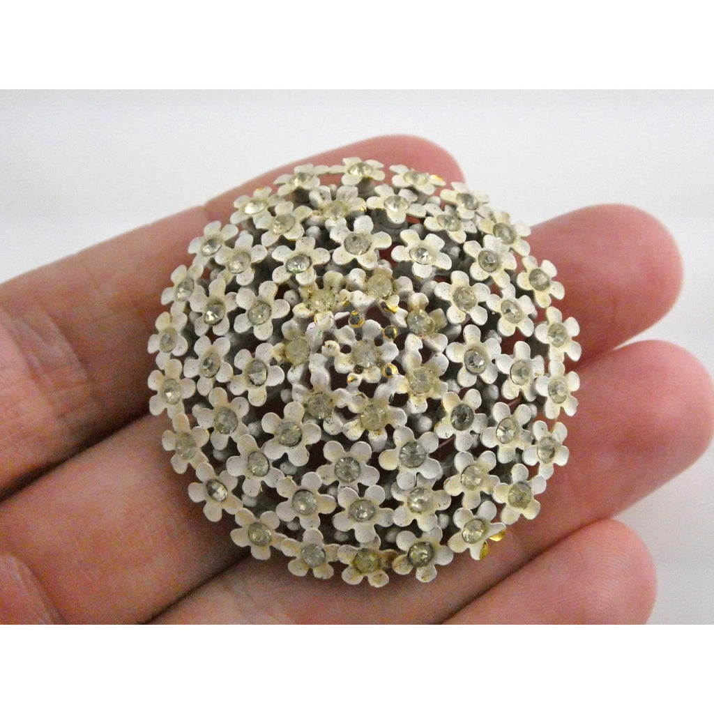 Vintage White Enamel Forget Me Not Flower Brooch White Rhinestones Pin Unsigned