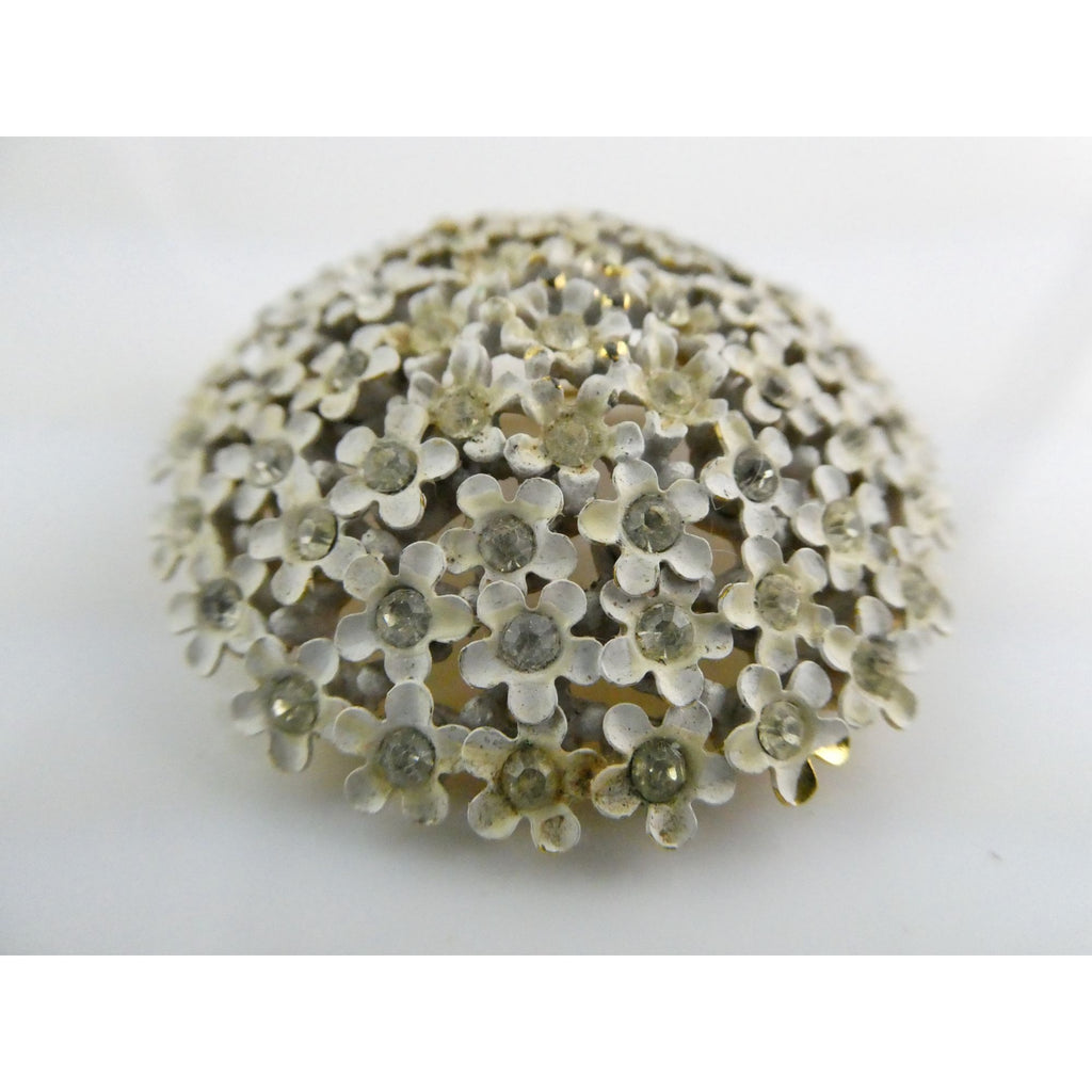 Vintage White Enamel Forget Me Not Flower Brooch White Rhinestones Pin Unsigned