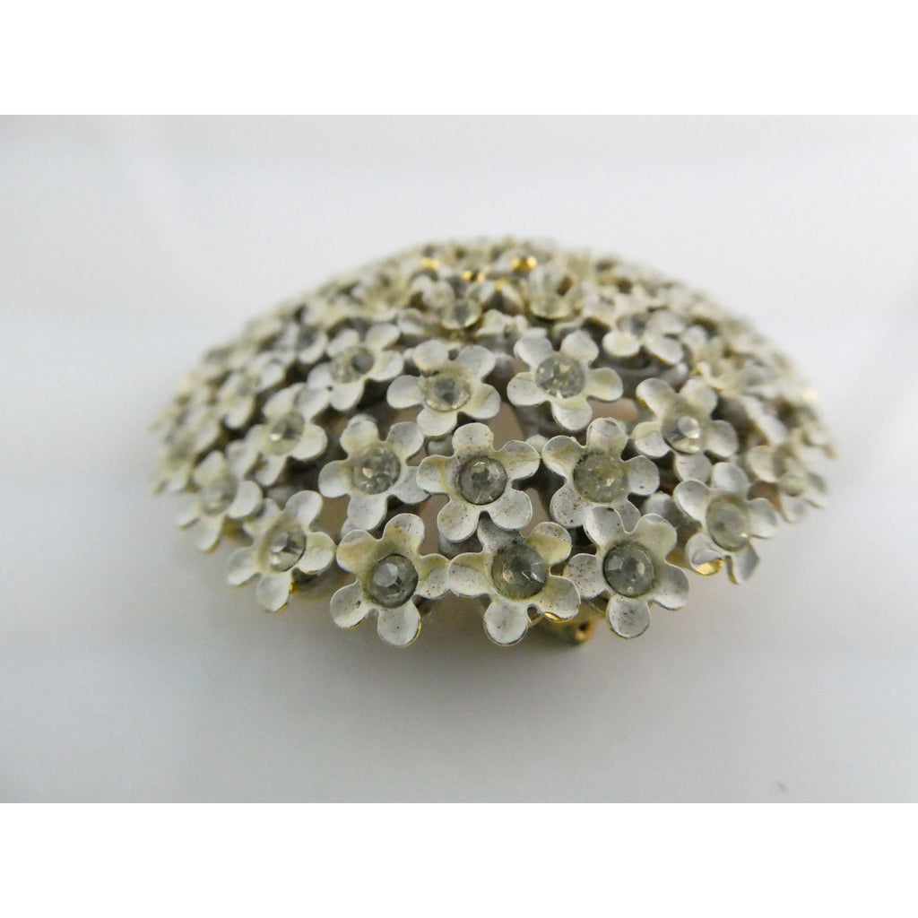 Vintage White Enamel Forget Me Not Flower Brooch White Rhinestones Pin Unsigned