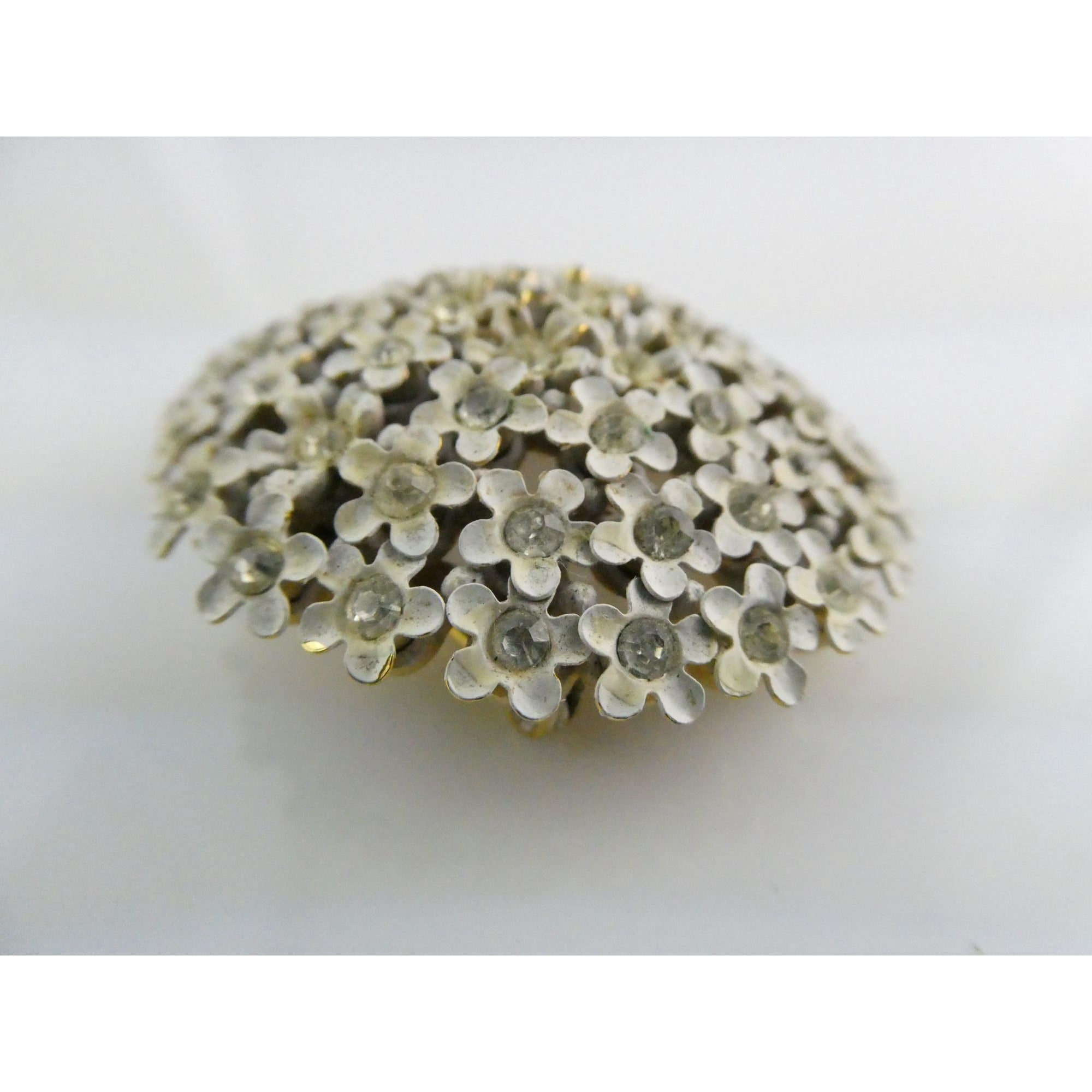 Vintage White Enamel Forget Me Not Flower Brooch White Rhinestones Pin Unsigned