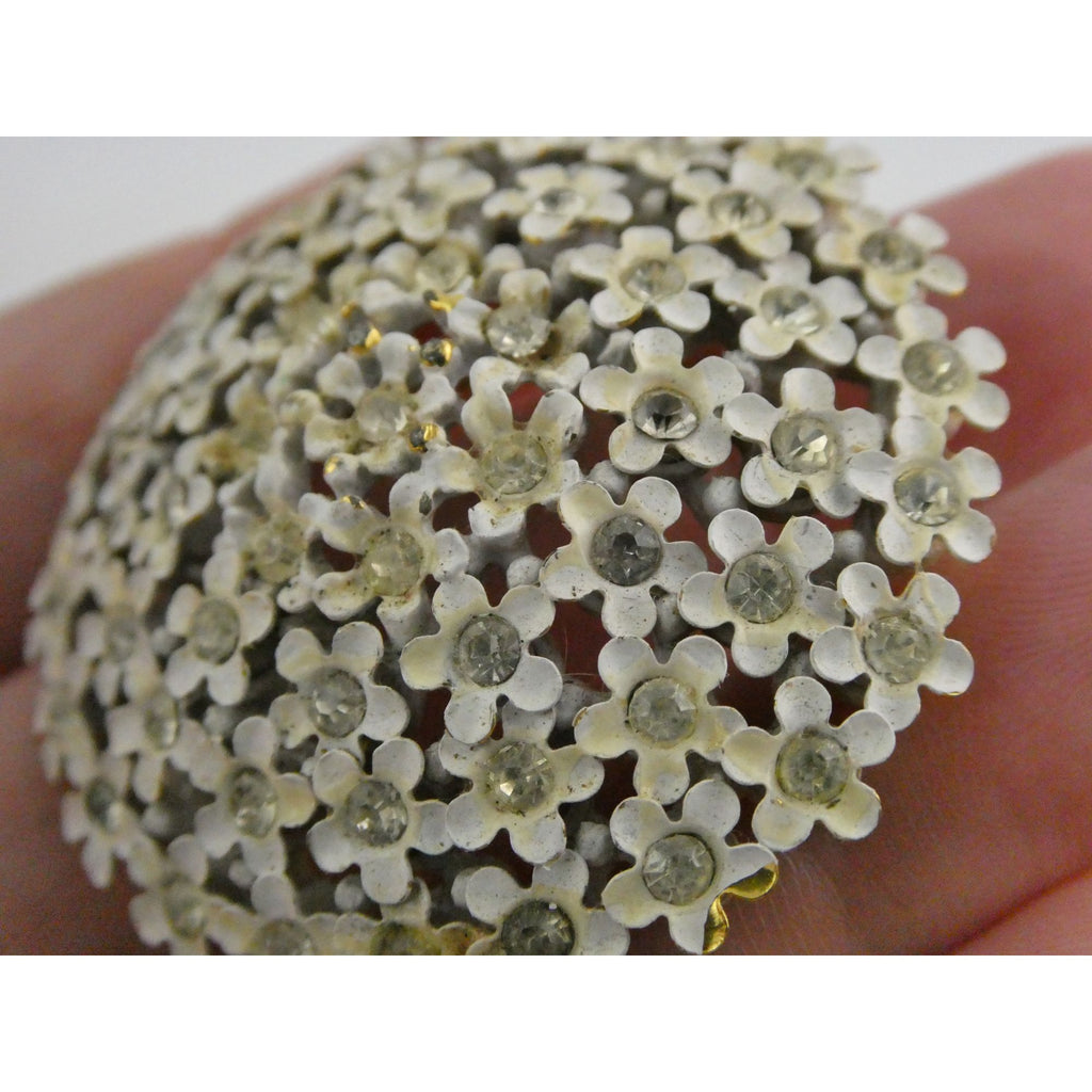 Vintage White Enamel Forget Me Not Flower Brooch White Rhinestones Pin Unsigned