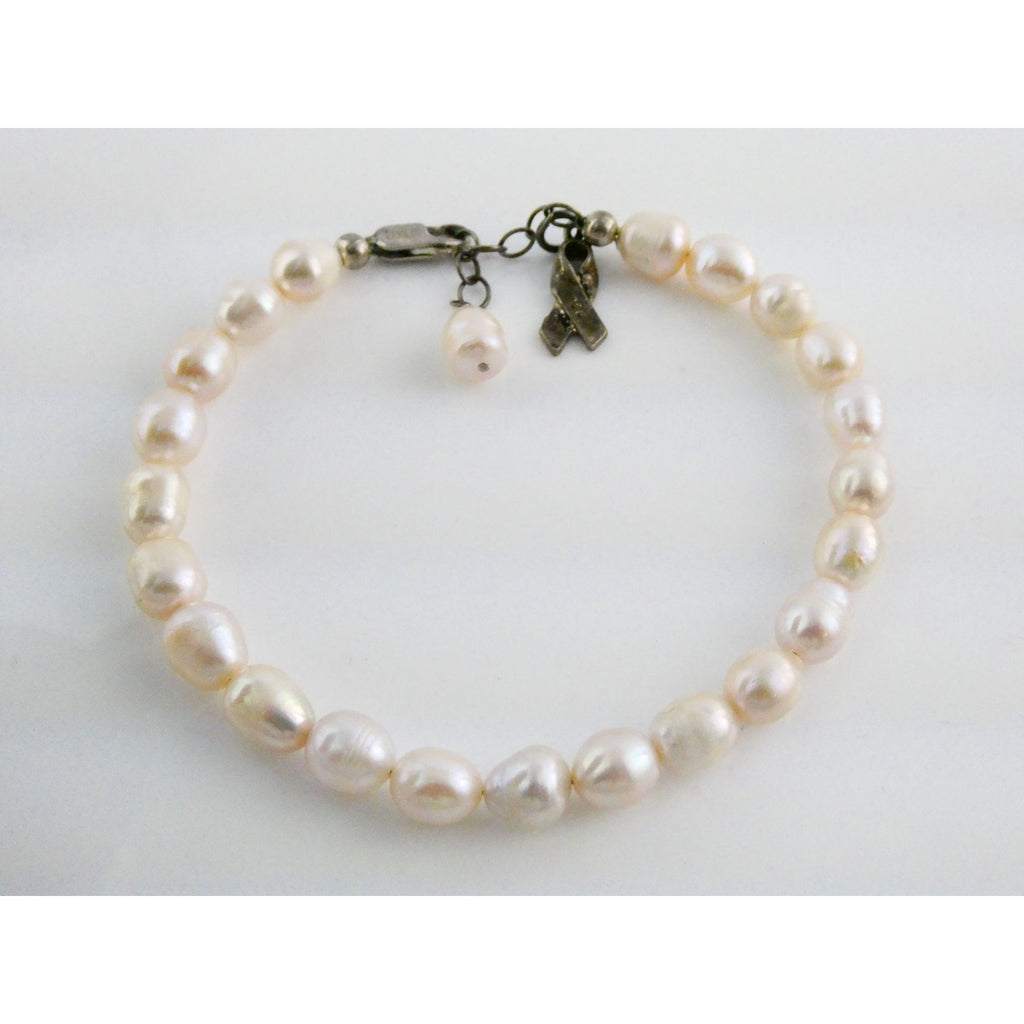 Luxe Sterling Silver Ringed Pinkish Pearl Breast Cancer Awareness Bracelet 8 In