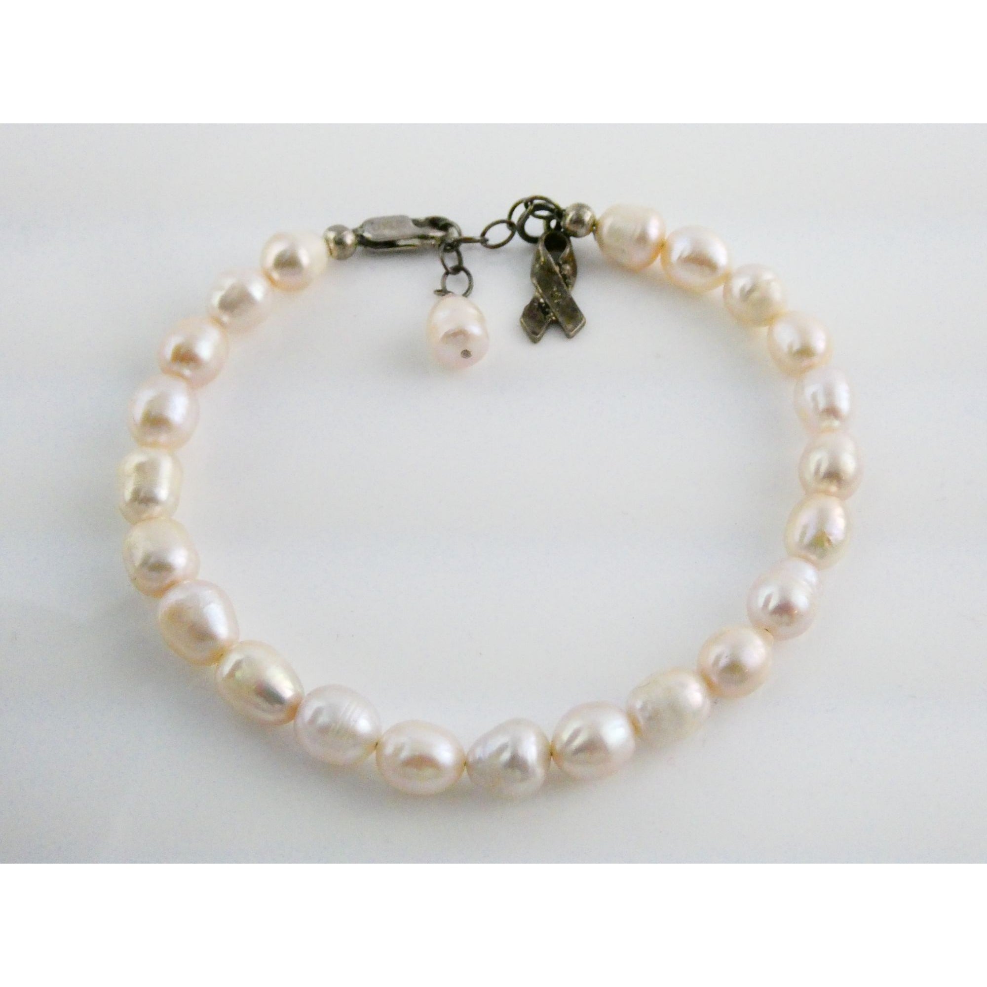 Luxe Sterling Silver Ringed Pinkish Pearl Breast Cancer Awareness Bracelet 8 In