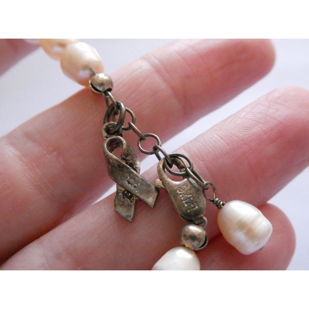 Luxe Sterling Silver Ringed Pinkish Pearl Breast Cancer Awareness Bracelet 8 In