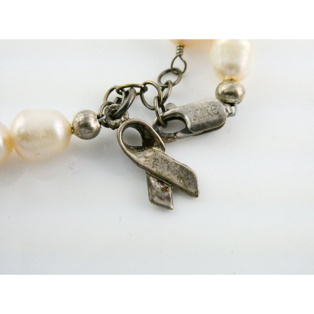 Luxe Sterling Silver Ringed Pinkish Pearl Breast Cancer Awareness Bracelet 8 In