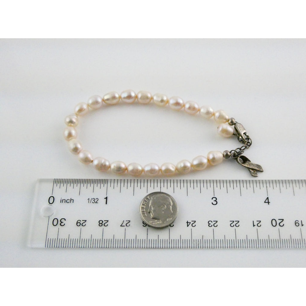 Luxe Sterling Silver Ringed Pinkish Pearl Breast Cancer Awareness Bracelet 8 In