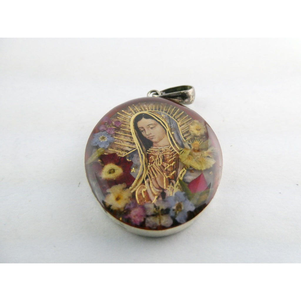 Mexican Sterling Silver Resin Encased Dried Flowers Holy Mary Pendant 8.2g 46mm