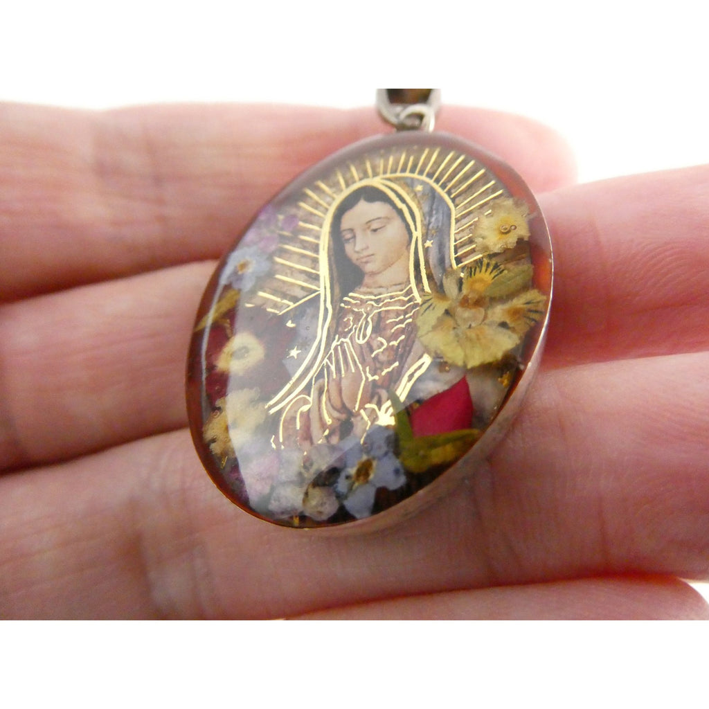 Mexican Sterling Silver Resin Encased Dried Flowers Holy Mary Pendant 8.2g 46mm