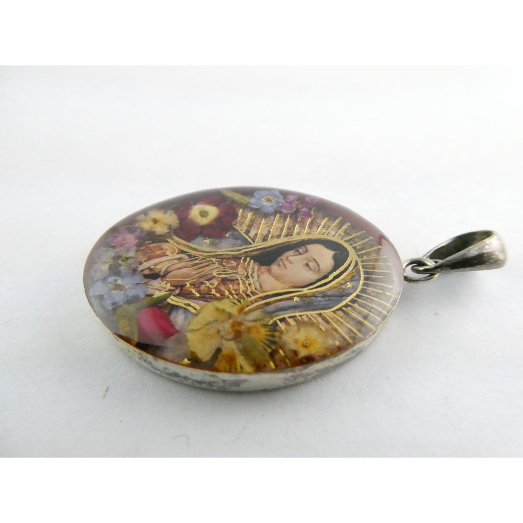 Mexican Sterling Silver Resin Encased Dried Flowers Holy Mary Pendant 8.2g 46mm