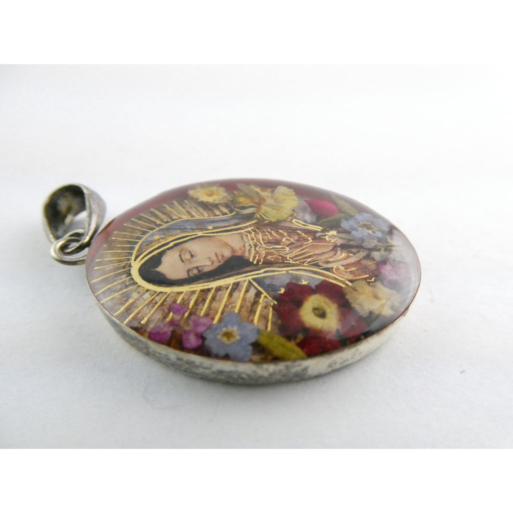 Mexican Sterling Silver Resin Encased Dried Flowers Holy Mary Pendant 8.2g 46mm