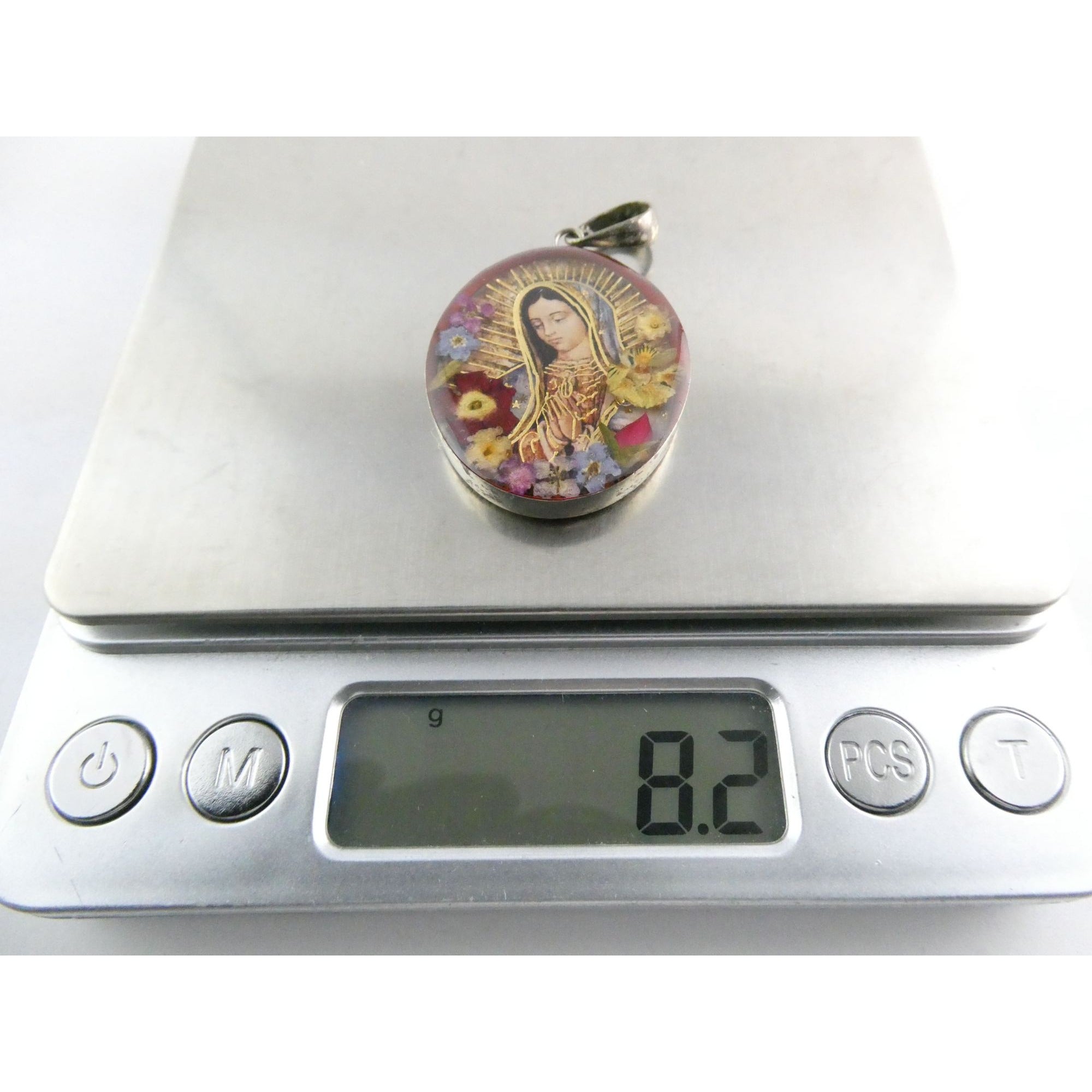 Mexican Sterling Silver Resin Encased Dried Flowers Holy Mary Pendant 8.2g 46mm