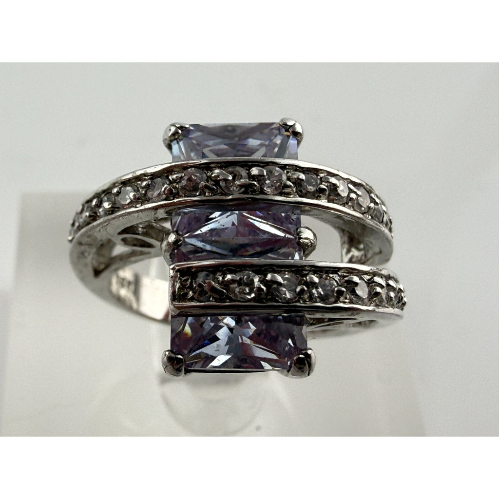 RSC Sterling Silver Lavender Purple and White Crystal Statement Ring Size 5.75