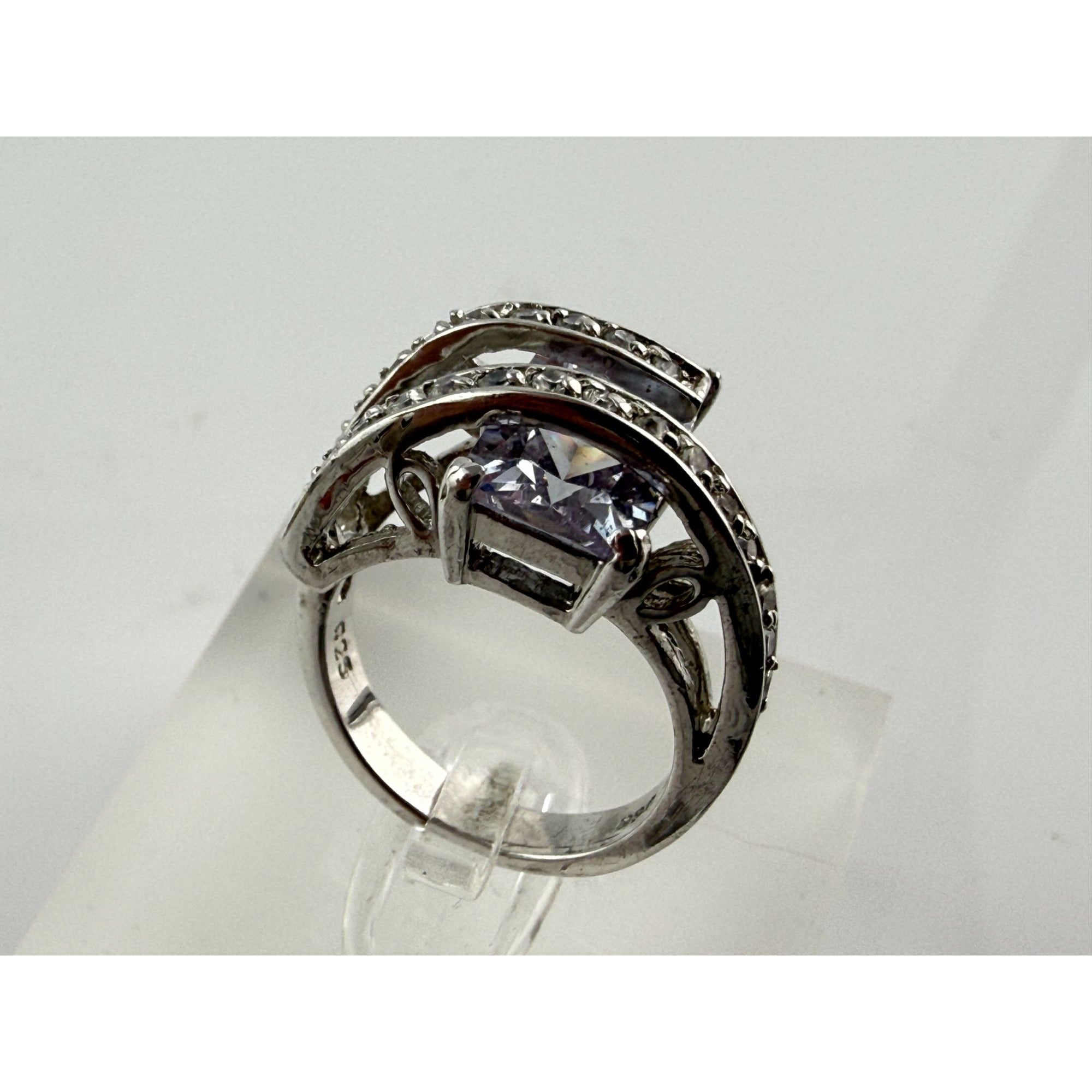 RSC Sterling Silver Lavender Purple and White Crystal Statement Ring Size 5.75