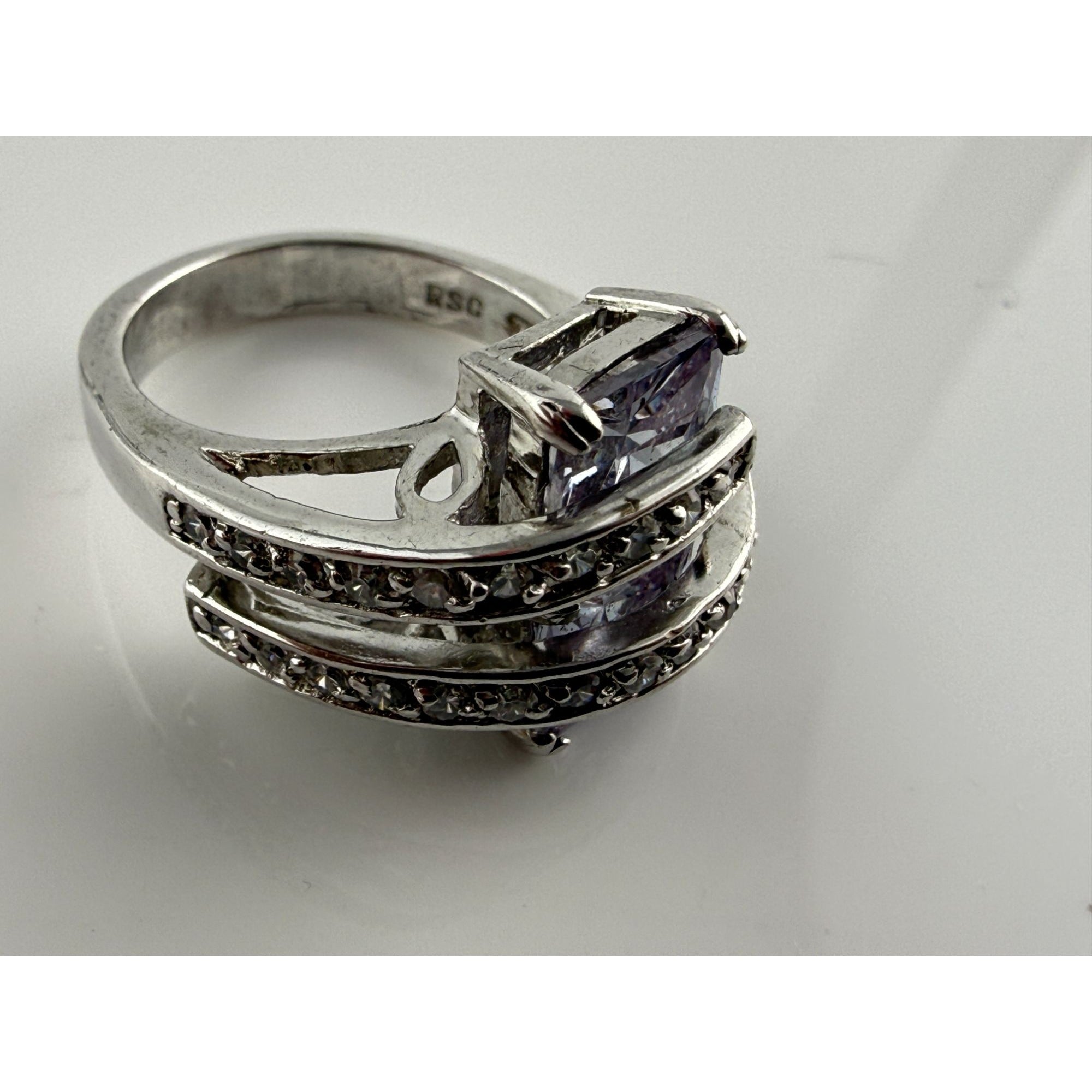 RSC Sterling Silver Lavender Purple and White Crystal Statement Ring Size 5.75