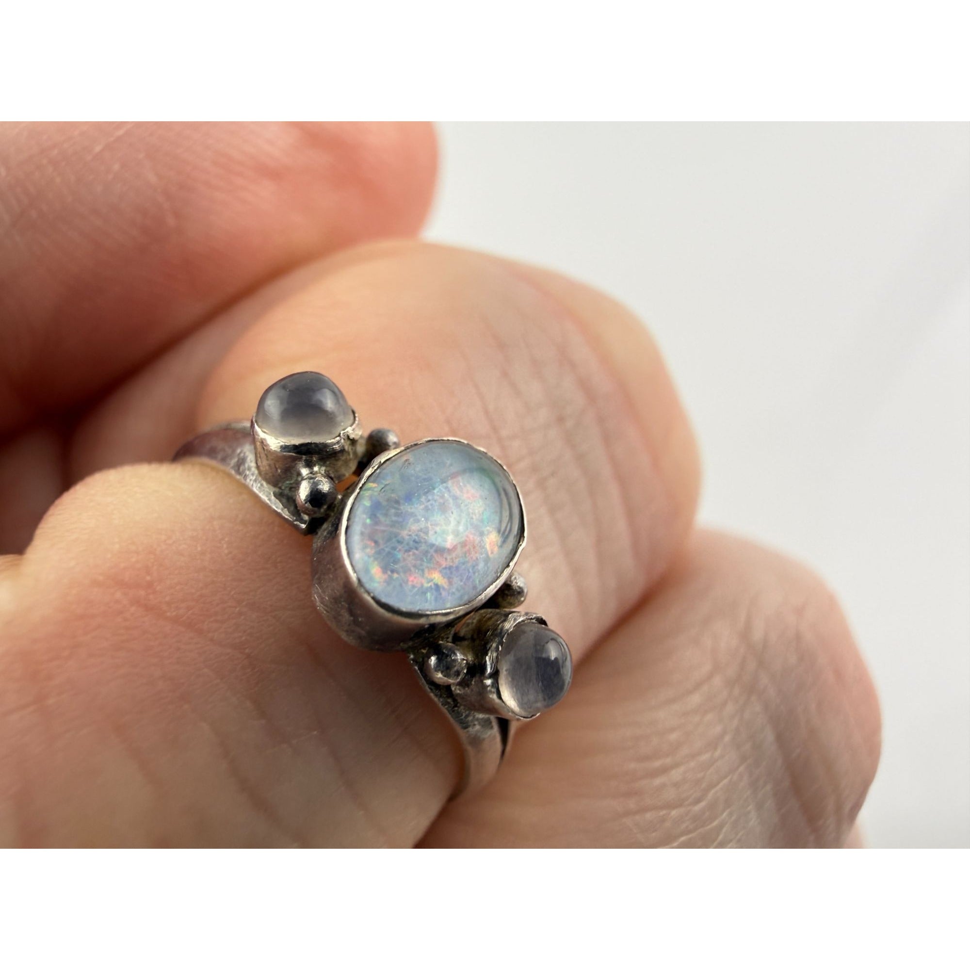 Sterling Silver Blue Opal Doublet White Moonstone Accents Ring 1.7g Size 5.5
