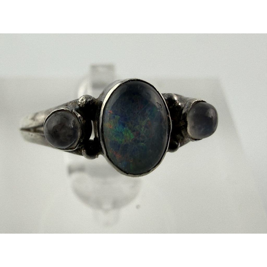 Sterling Silver Blue Opal Doublet White Moonstone Accents Ring 1.7g Size 5.5