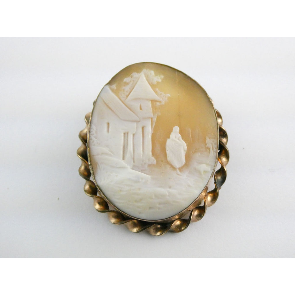 Antique Unmarked Goldtone Metal Carved Shell Cameo Landscape Scene Pin AS IS