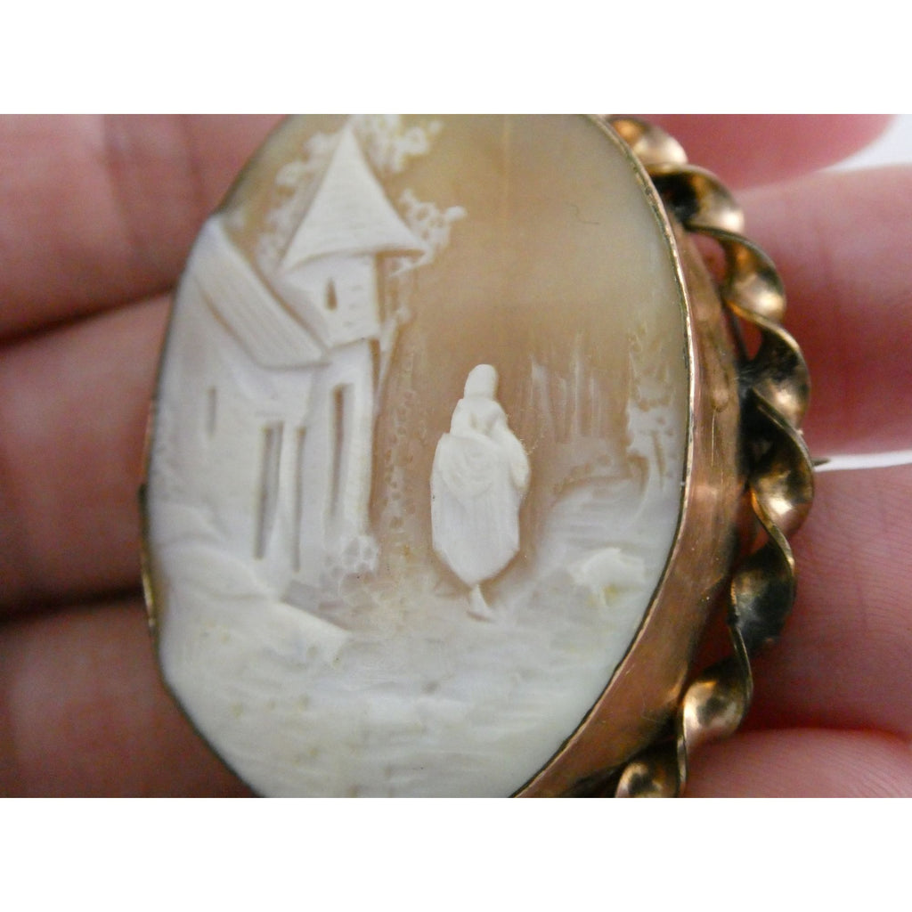 Antique Unmarked Goldtone Metal Carved Shell Cameo Landscape Scene Pin AS IS