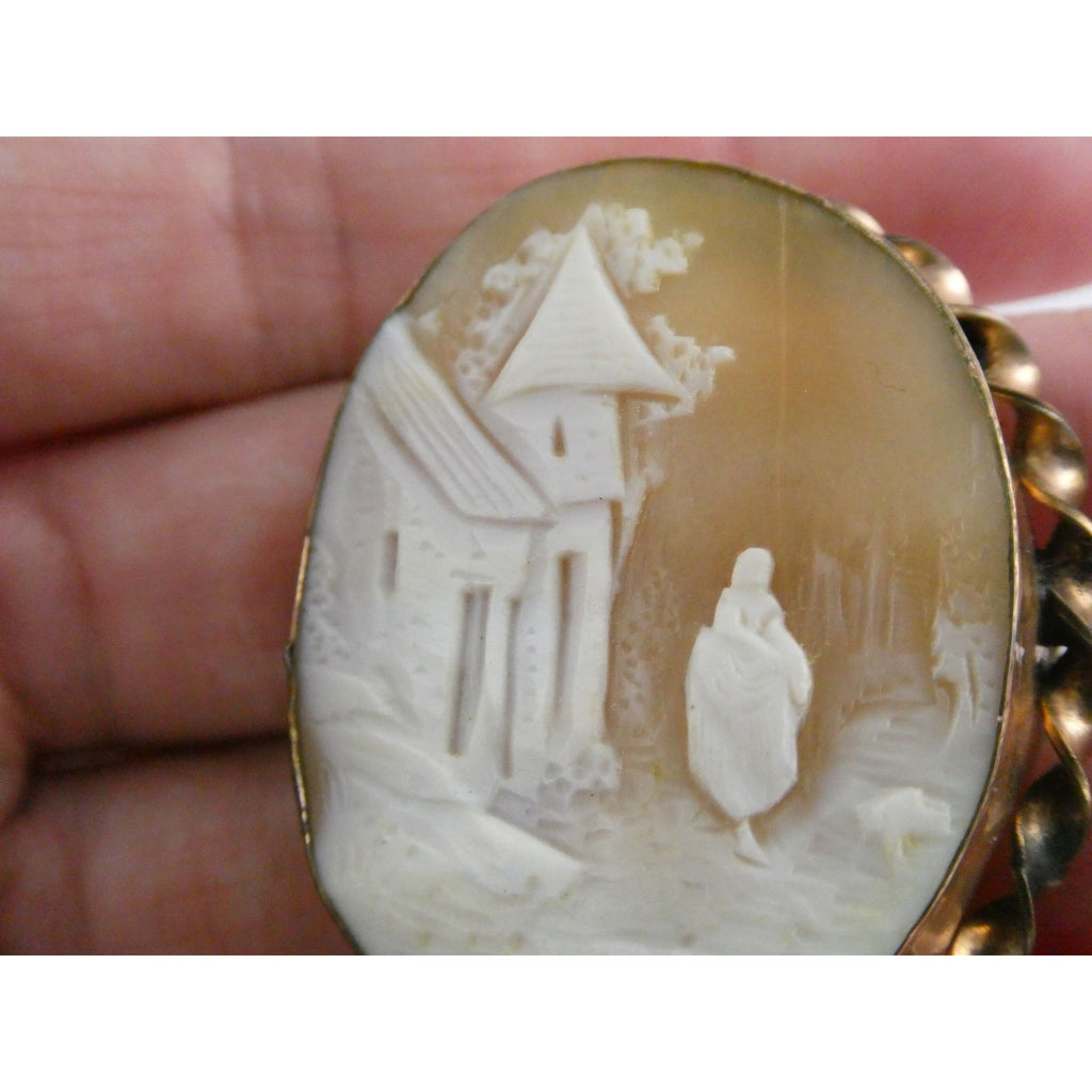 Antique Unmarked Goldtone Metal Carved Shell Cameo Landscape Scene Pin AS IS