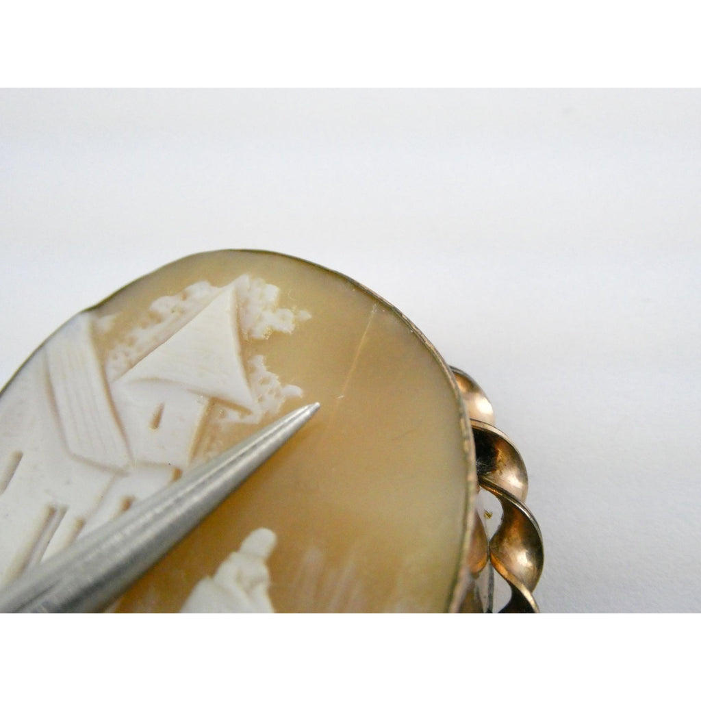 Antique Unmarked Goldtone Metal Carved Shell Cameo Landscape Scene Pin AS IS