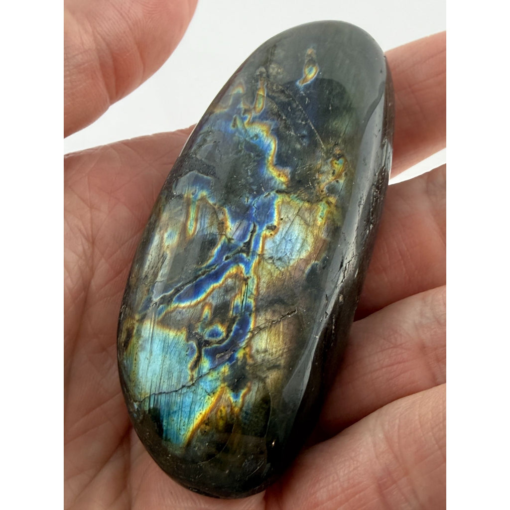 Polished Oval Form Labradorite Piece Specimen 66.6g Weight 2.75 Inch Max Length