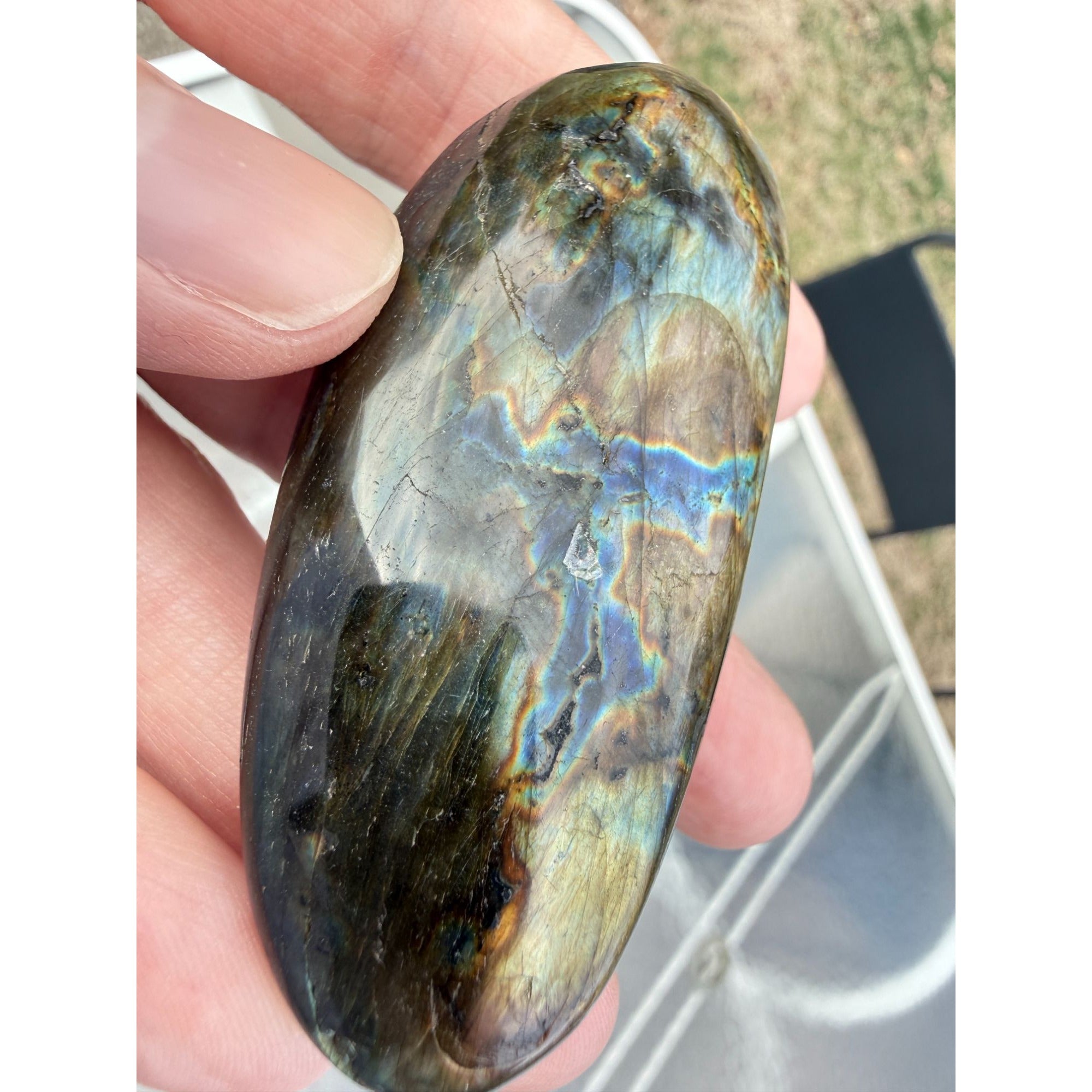 Polished Oval Form Labradorite Piece Specimen 66.6g Weight 2.75 Inch Max Length