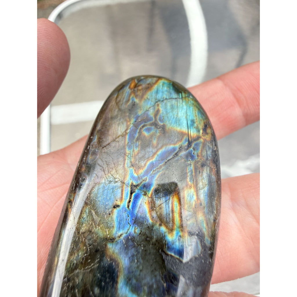 Polished Oval Form Labradorite Piece Specimen 66.6g Weight 2.75 Inch Max Length