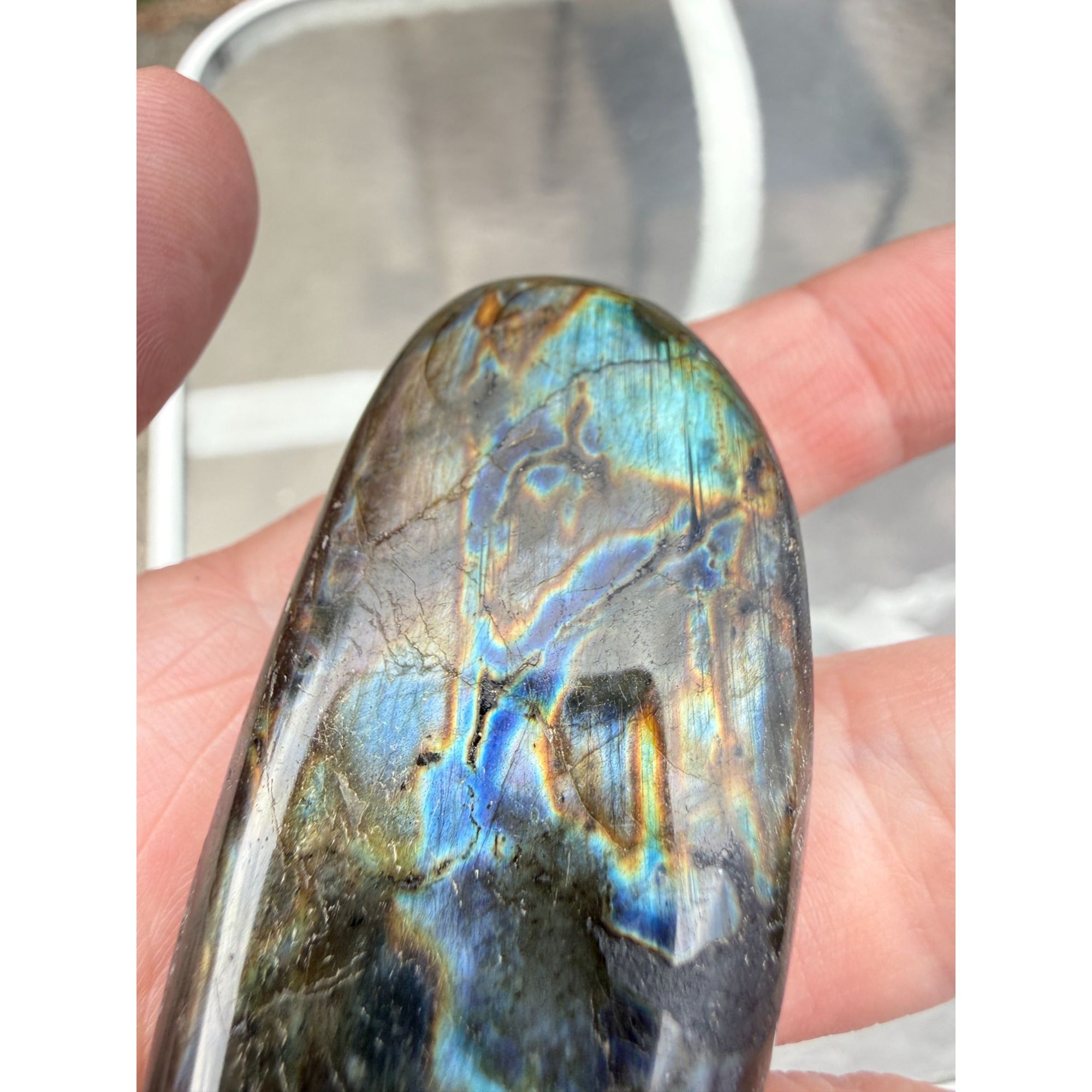 Polished Oval Form Labradorite Piece Specimen 66.6g Weight 2.75 Inch Max Length