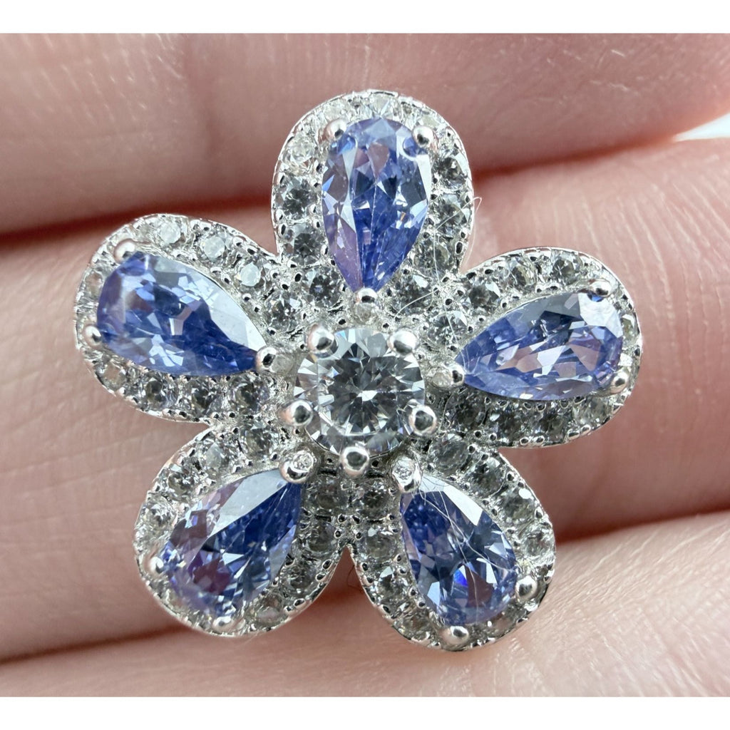 Designer Sterling Silver Iolite and White CZ Flower Slide Pendant 2.4g 15mm