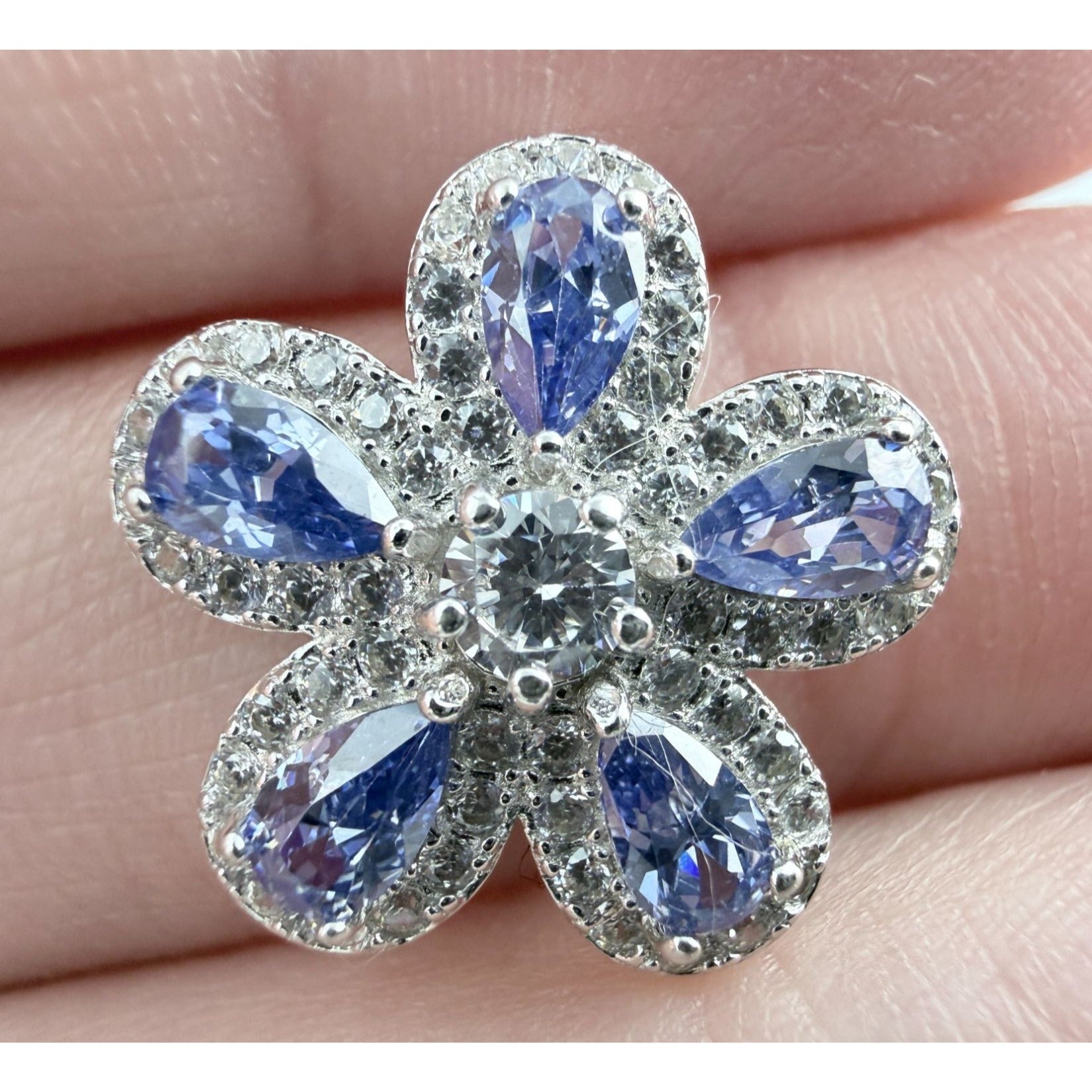 Designer Sterling Silver Iolite and White CZ Flower Slide Pendant 2.4g 15mm