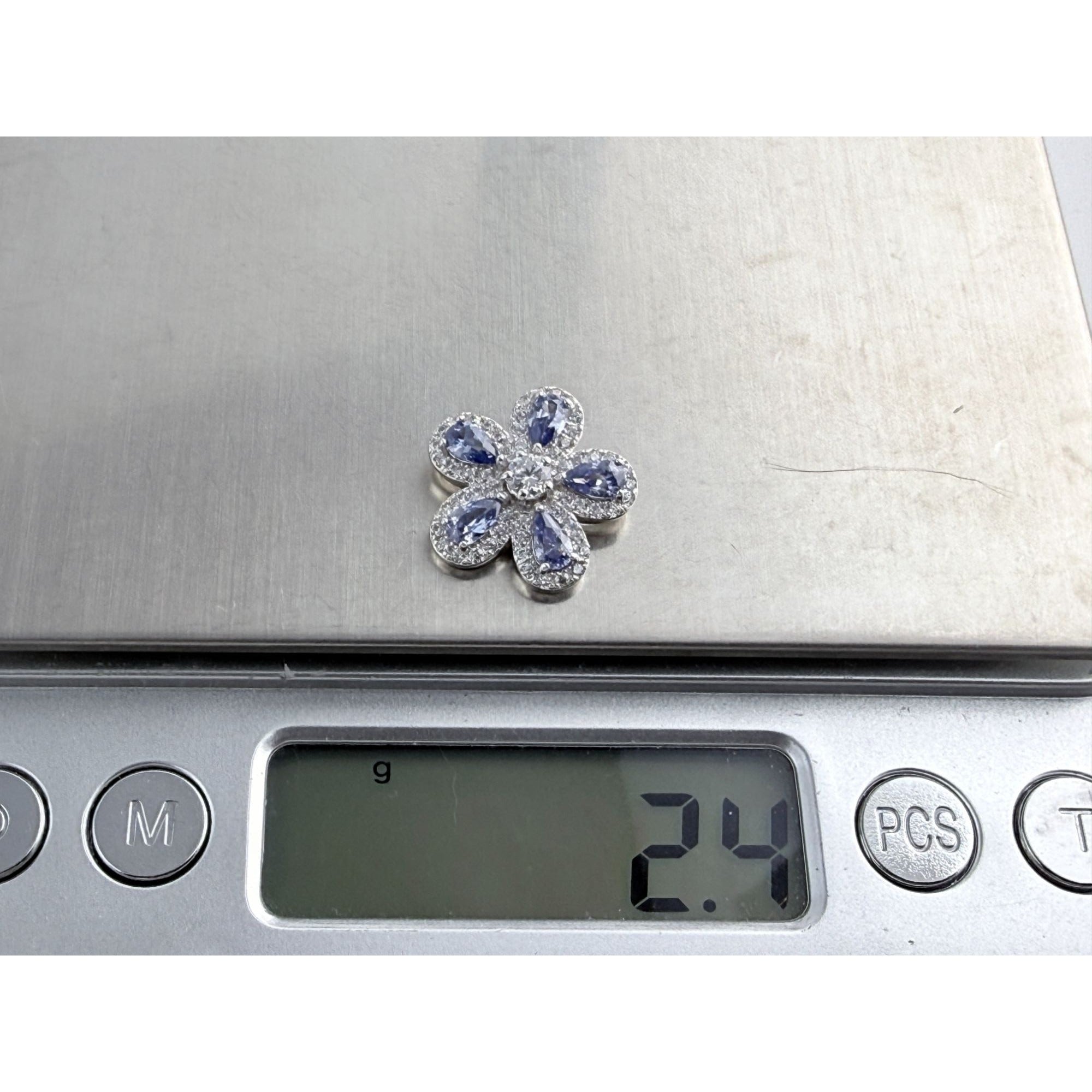 Designer Sterling Silver Iolite and White CZ Flower Slide Pendant 2.4g 15mm