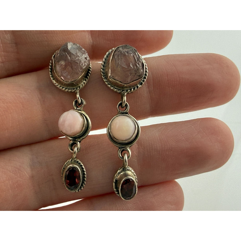 Sterling Silver Multi Gemstone Drop Earrings Pink Quartz Opal and Red Garnet