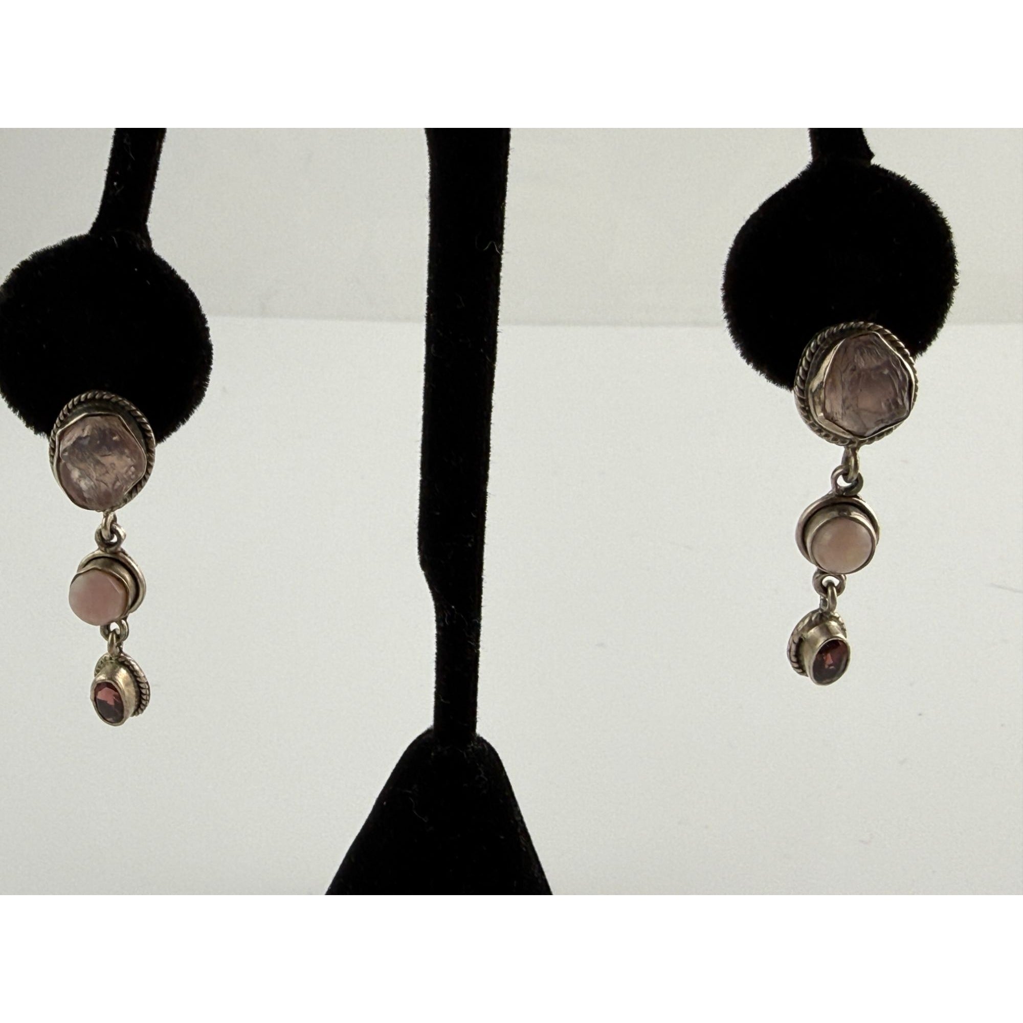 Sterling Silver Multi Gemstone Drop Earrings Pink Quartz Opal and Red Garnet