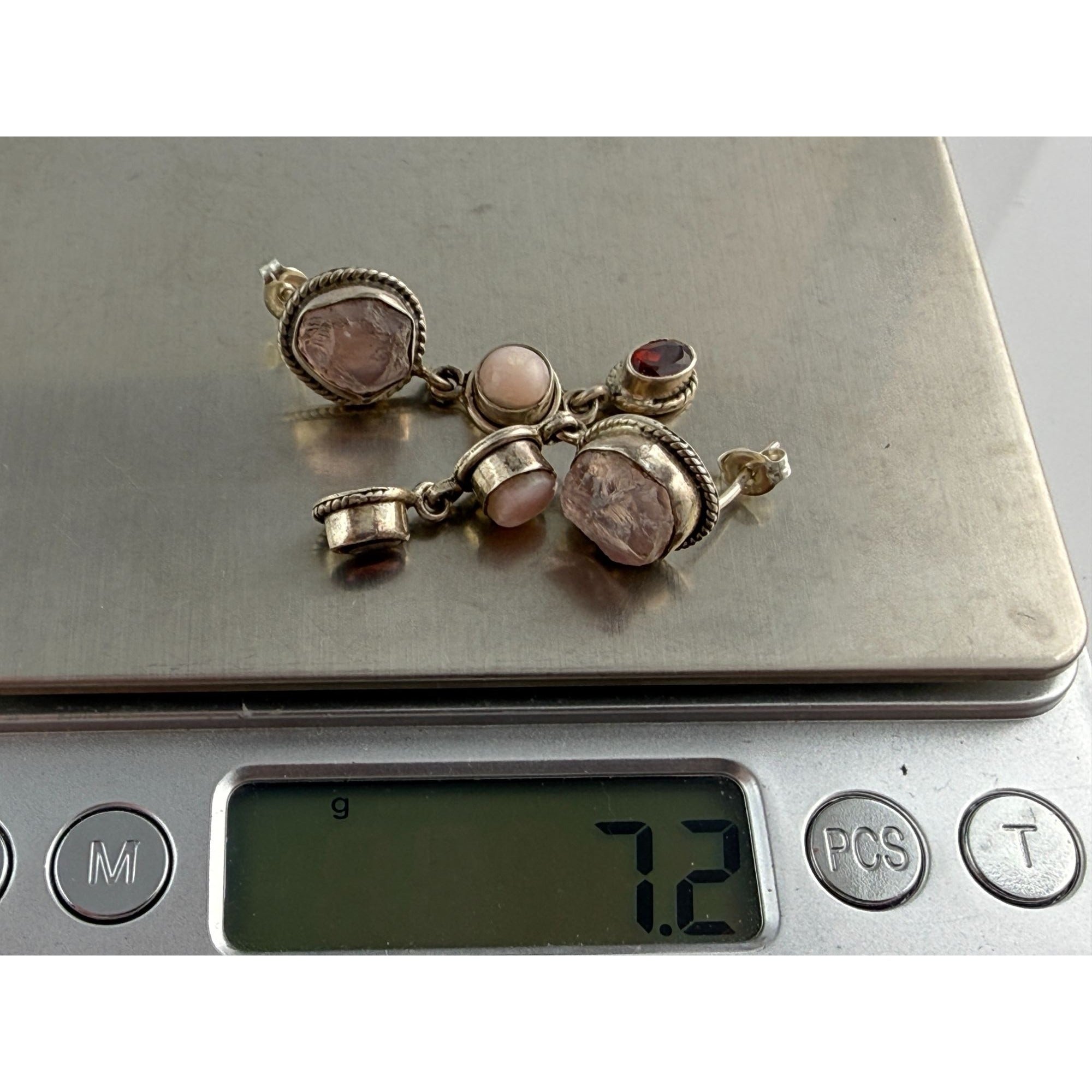 Sterling Silver Multi Gemstone Drop Earrings Pink Quartz Opal and Red Garnet