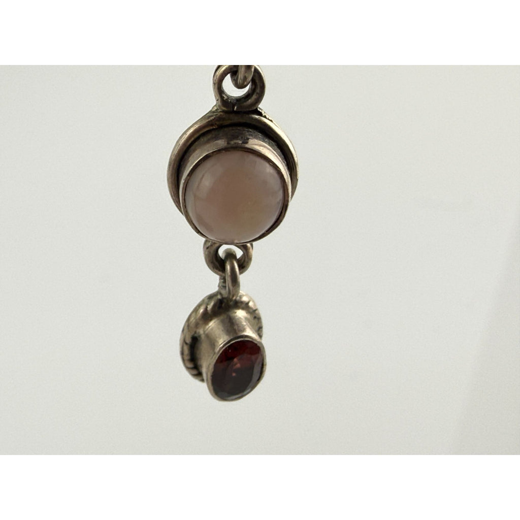 Sterling Silver Multi Gemstone Drop Earrings Pink Quartz Opal and Red Garnet