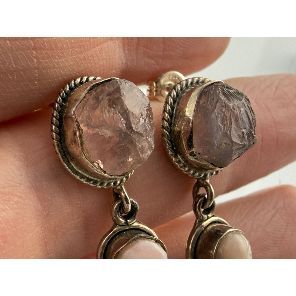 Sterling Silver Multi Gemstone Drop Earrings Pink Quartz Opal and Red Garnet