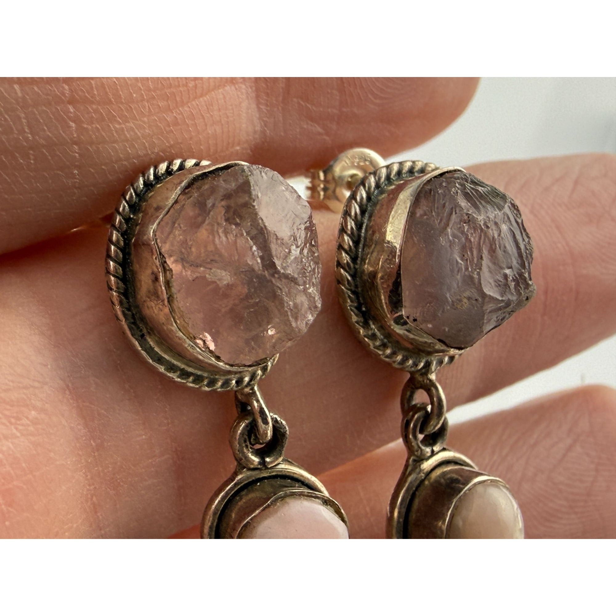 Sterling Silver Multi Gemstone Drop Earrings Pink Quartz Opal and Red Garnet