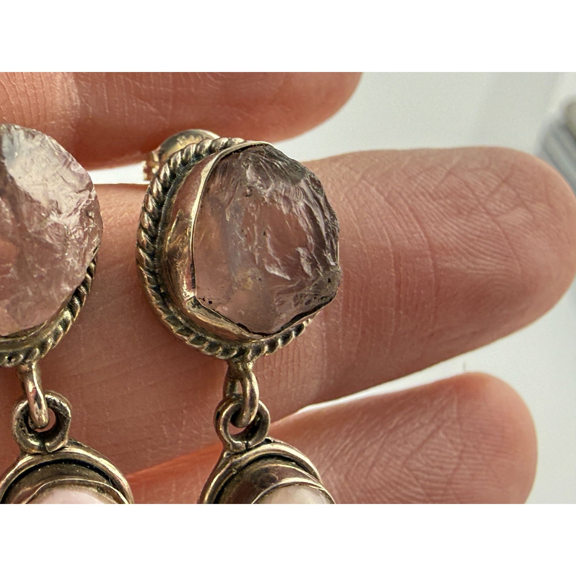 Sterling Silver Multi Gemstone Drop Earrings Pink Quartz Opal and Red Garnet