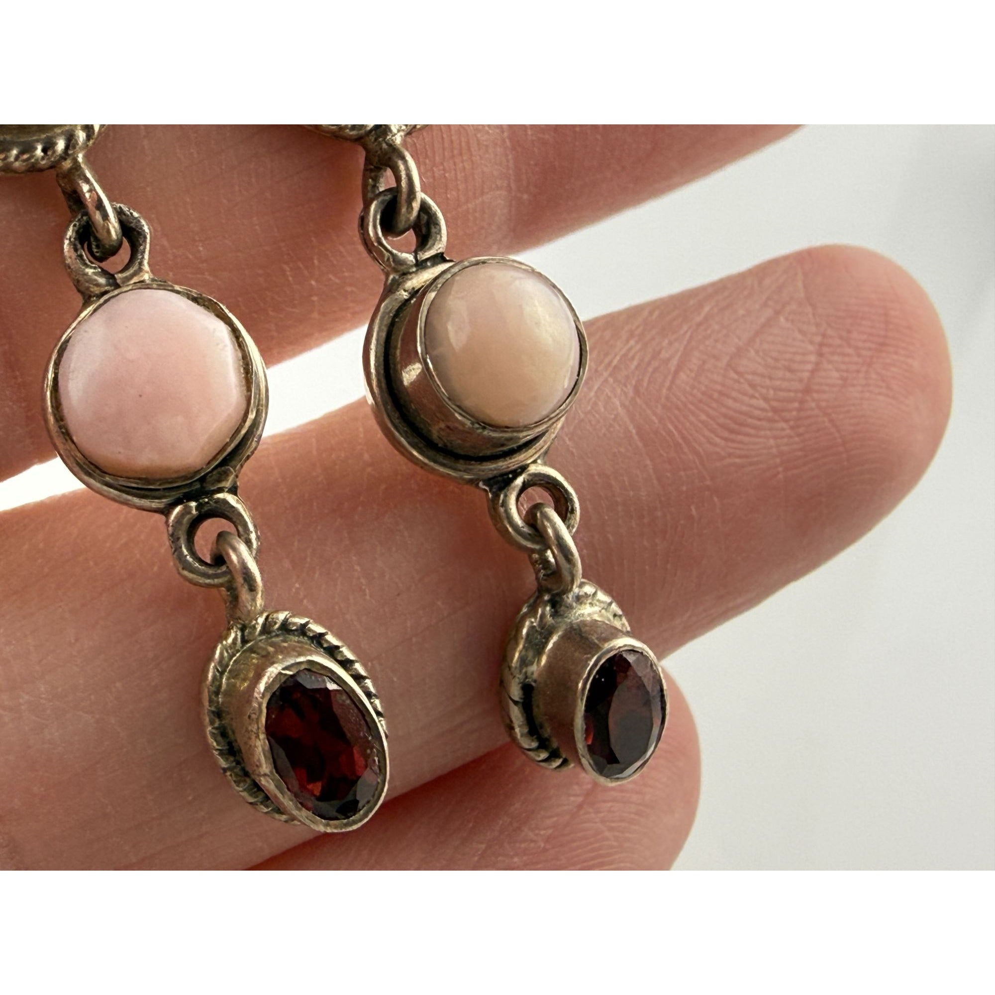 Sterling Silver Multi Gemstone Drop Earrings Pink Quartz Opal and Red Garnet