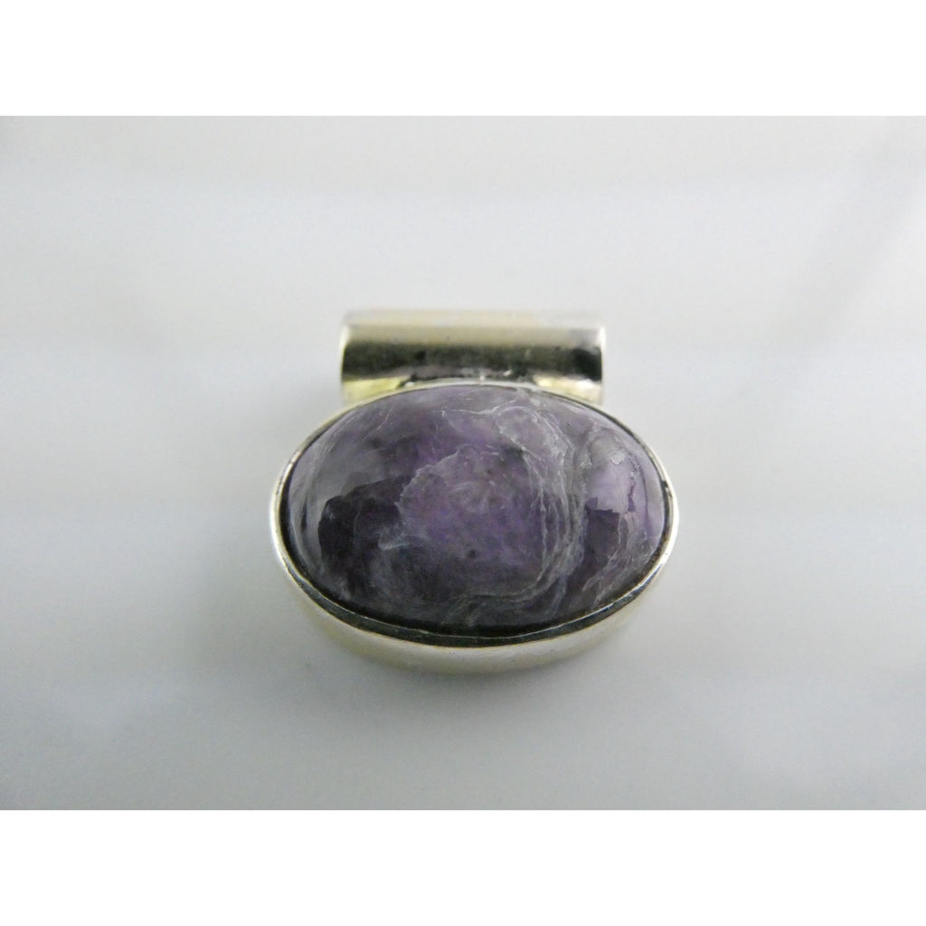 Sterling Silver Purple Charoite Oval Cabochon Slide Pendant 6g 20mm Length