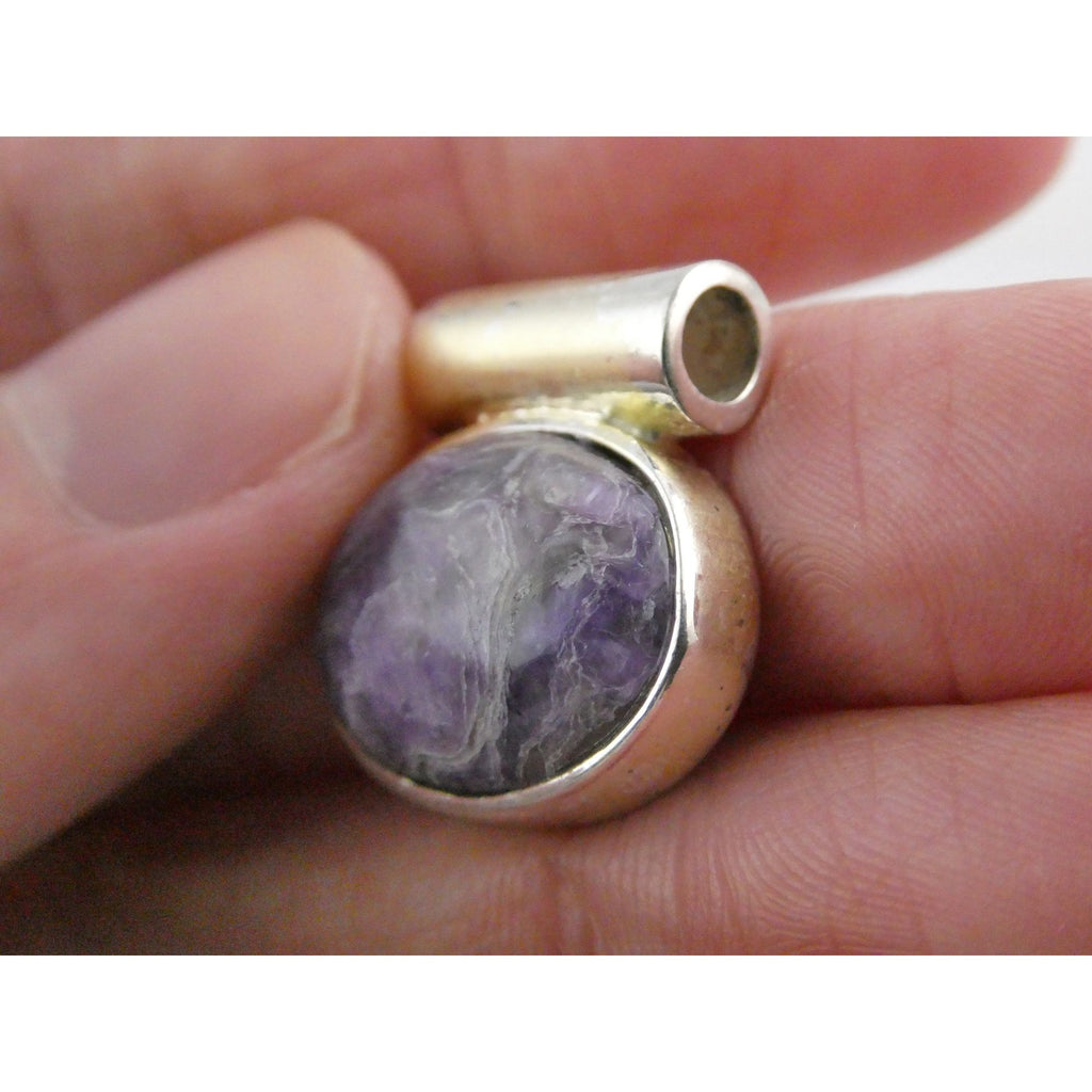 Sterling Silver Purple Charoite Oval Cabochon Slide Pendant 6g 20mm Length