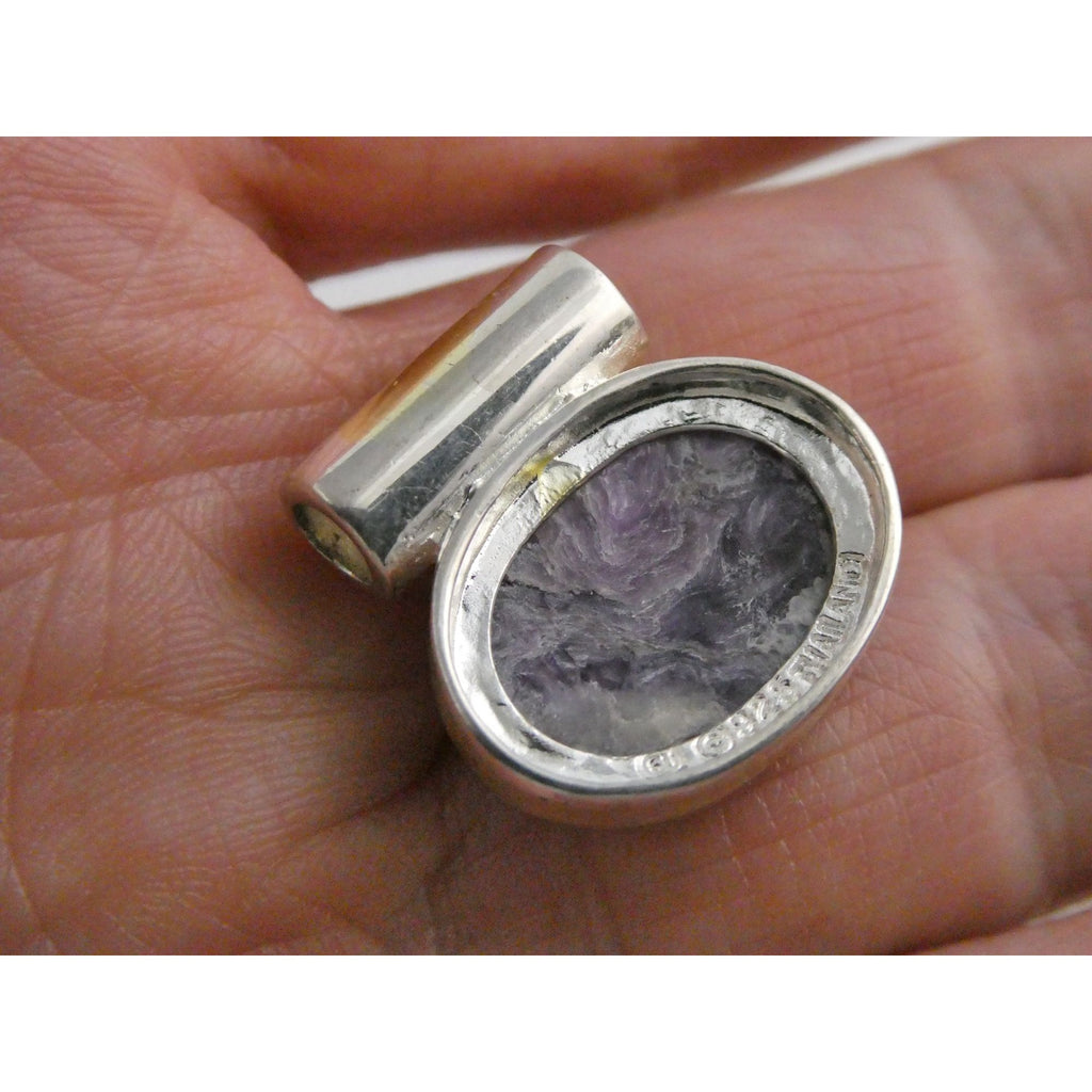 Sterling Silver Purple Charoite Oval Cabochon Slide Pendant 6g 20mm Length