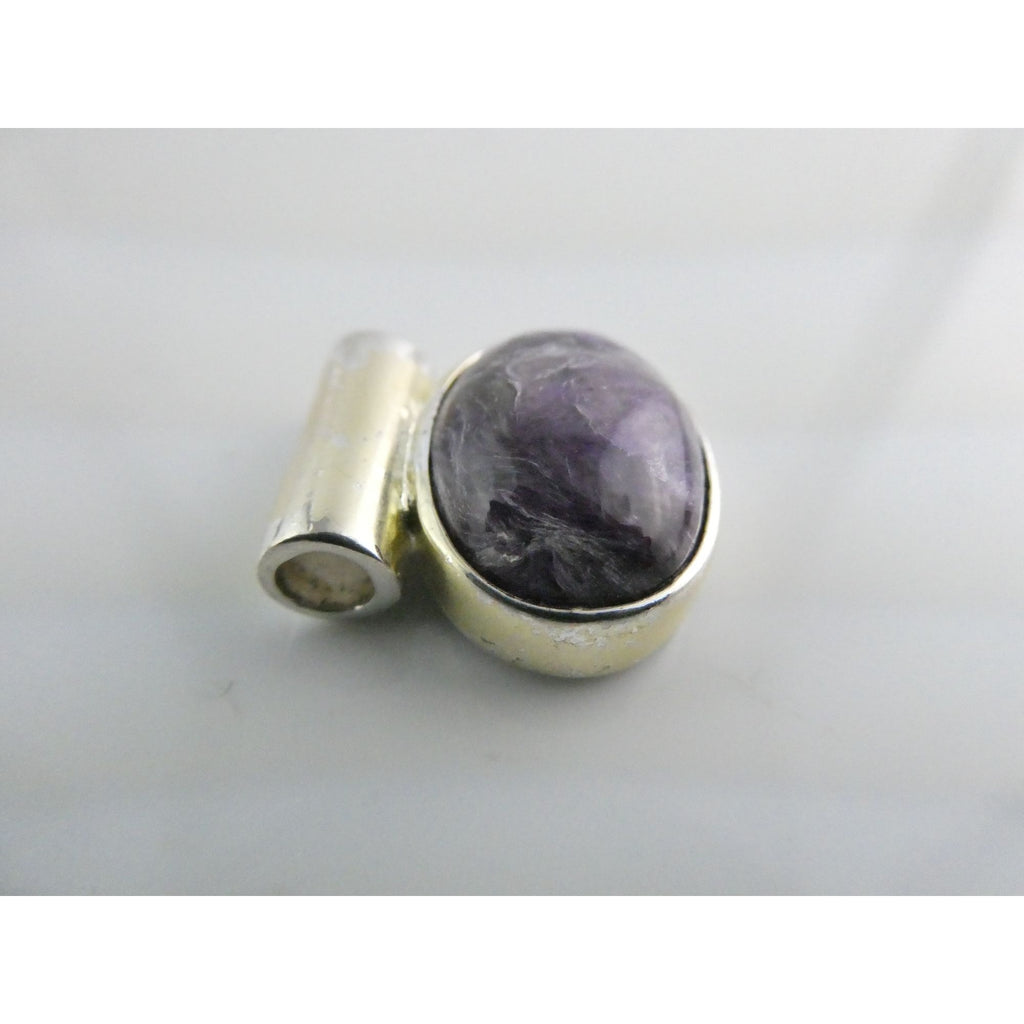 Sterling Silver Purple Charoite Oval Cabochon Slide Pendant 6g 20mm Length
