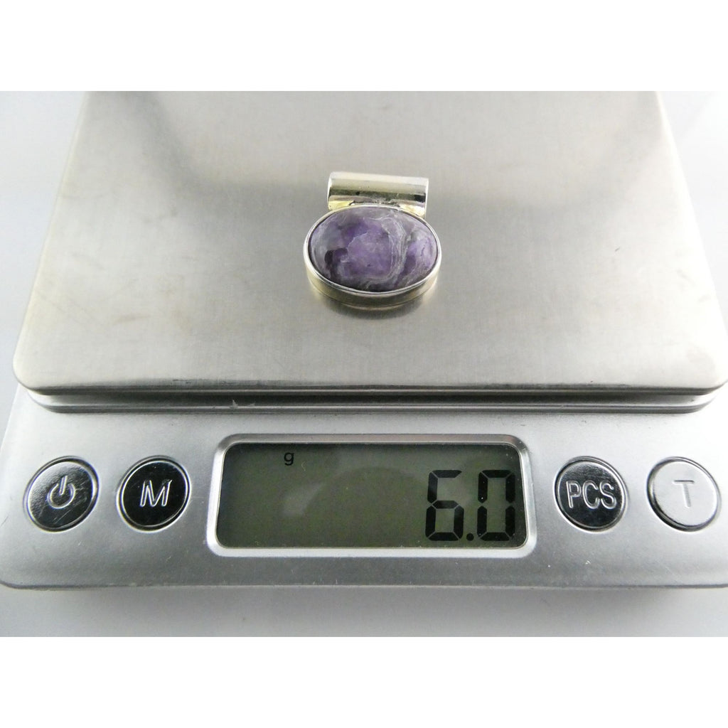 Sterling Silver Purple Charoite Oval Cabochon Slide Pendant 6g 20mm Length