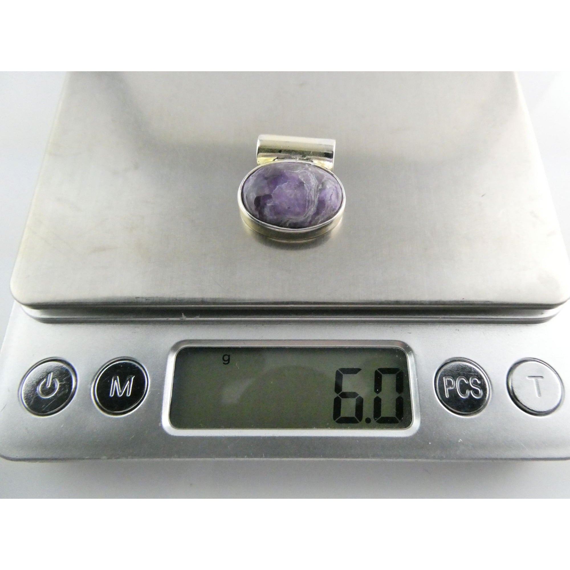 Sterling Silver Purple Charoite Oval Cabochon Slide Pendant 6g 20mm Length