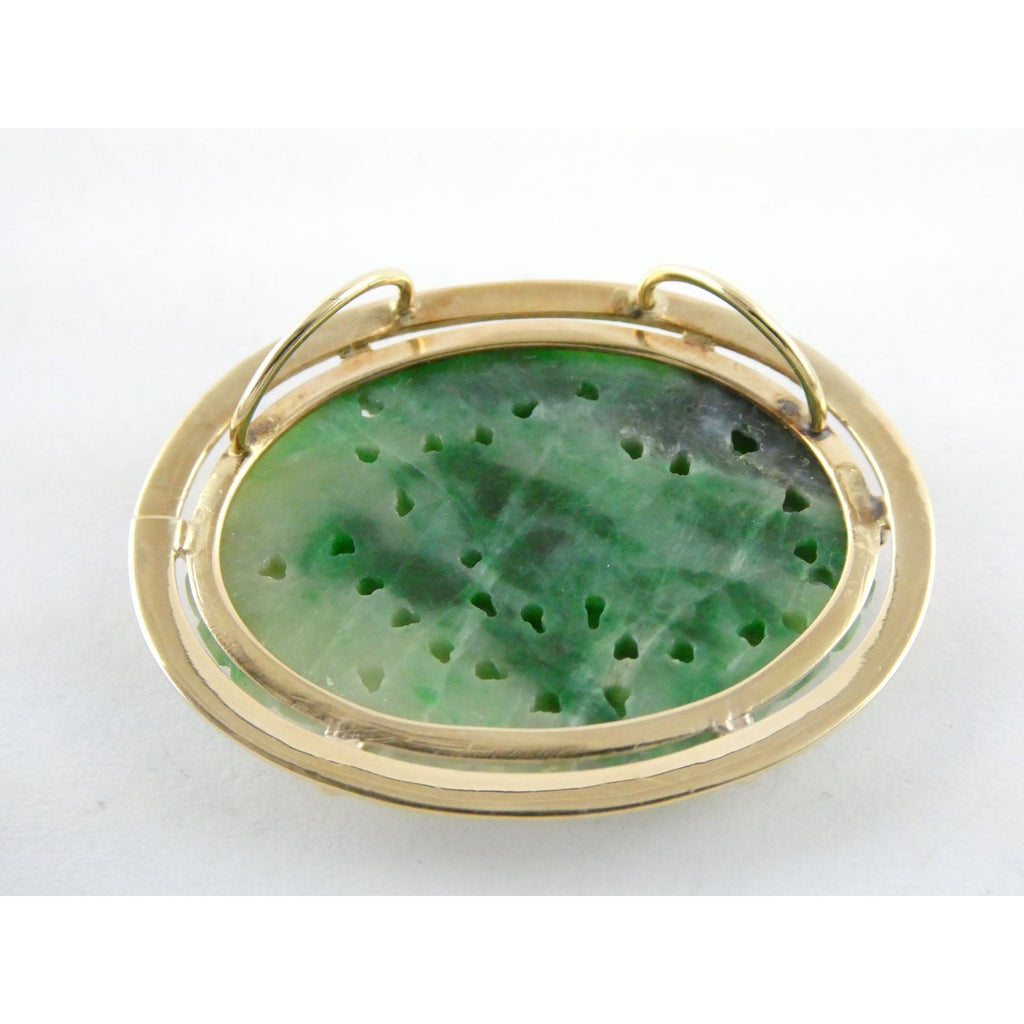 Vintage Chinese 14k Yellow Gold Carved Green Jade Pendant 9g 1.5 Inch Wide